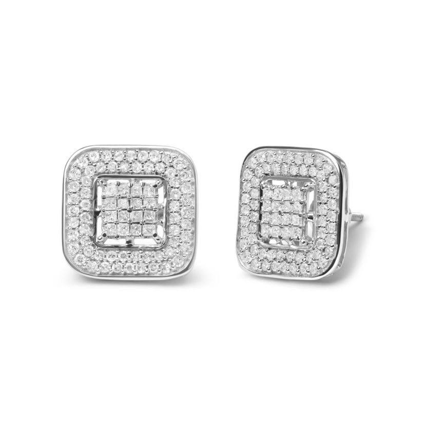 10K White Gold 1.0 Cttw Round and Princess Diamond Composite Halo Stud Earrings