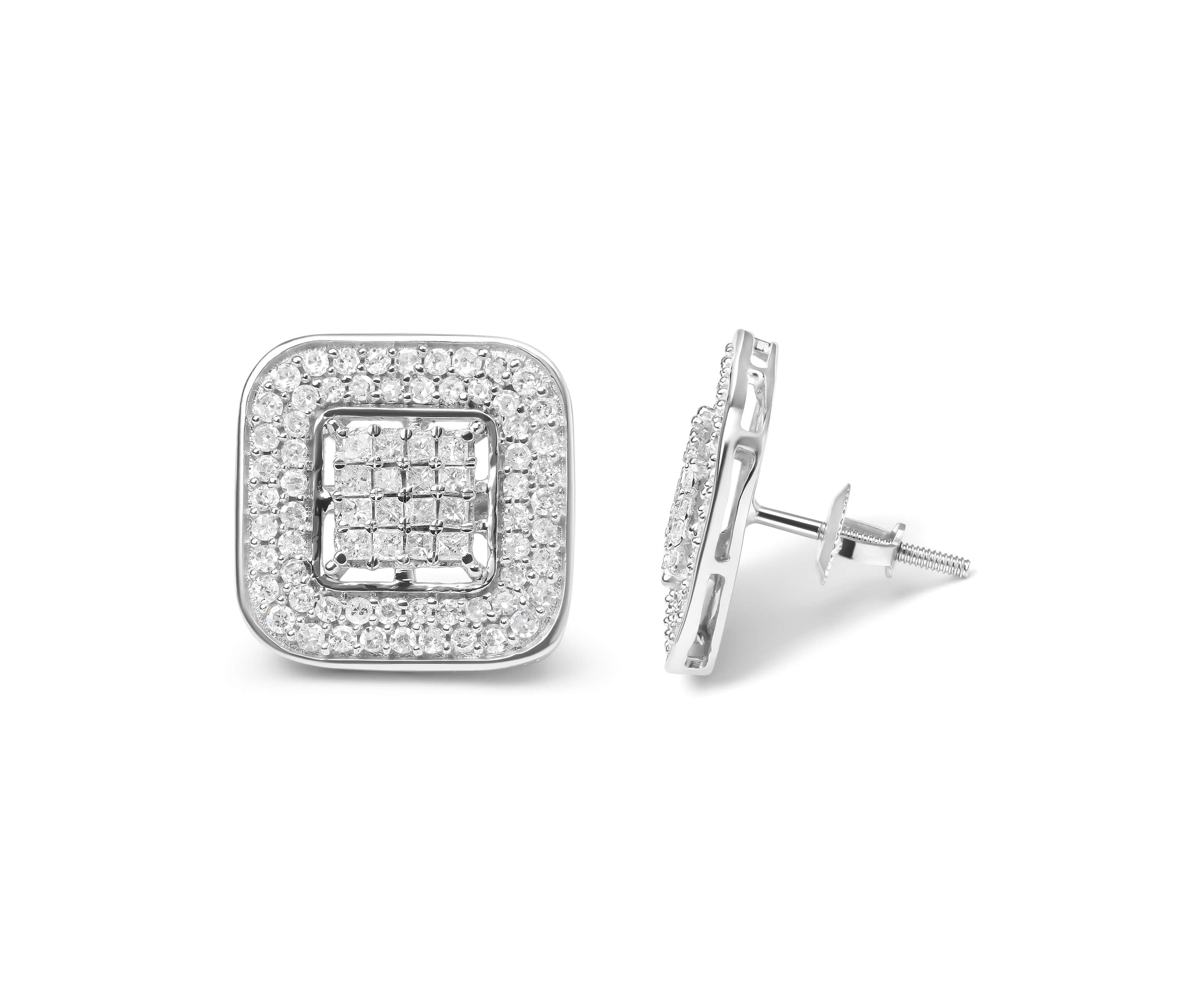 10K White Gold 1.0 Cttw Round and Princess Diamond Composite Halo Stud Earrings