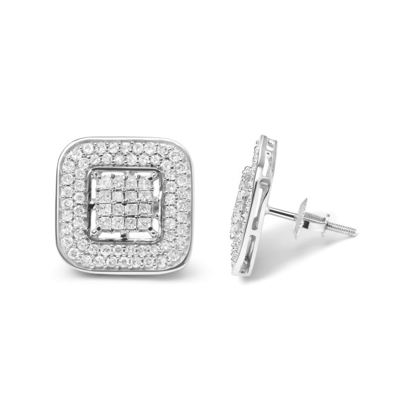 10K White Gold 1.0 Cttw Round and Princess Diamond Composite Halo Stud Earrings