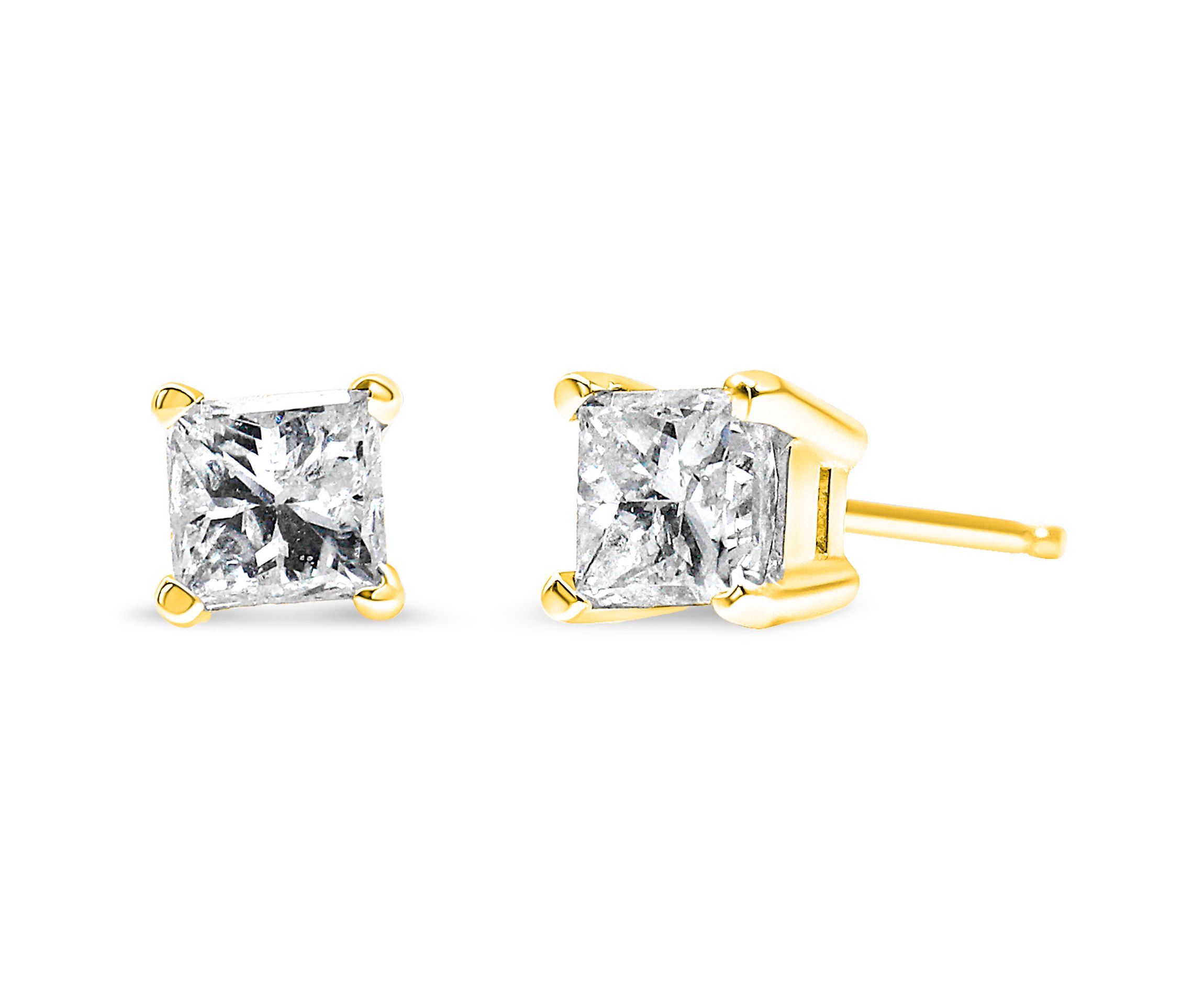 14K Yellow Gold 1/3 Ct Princess Solitaire Stud Earrings