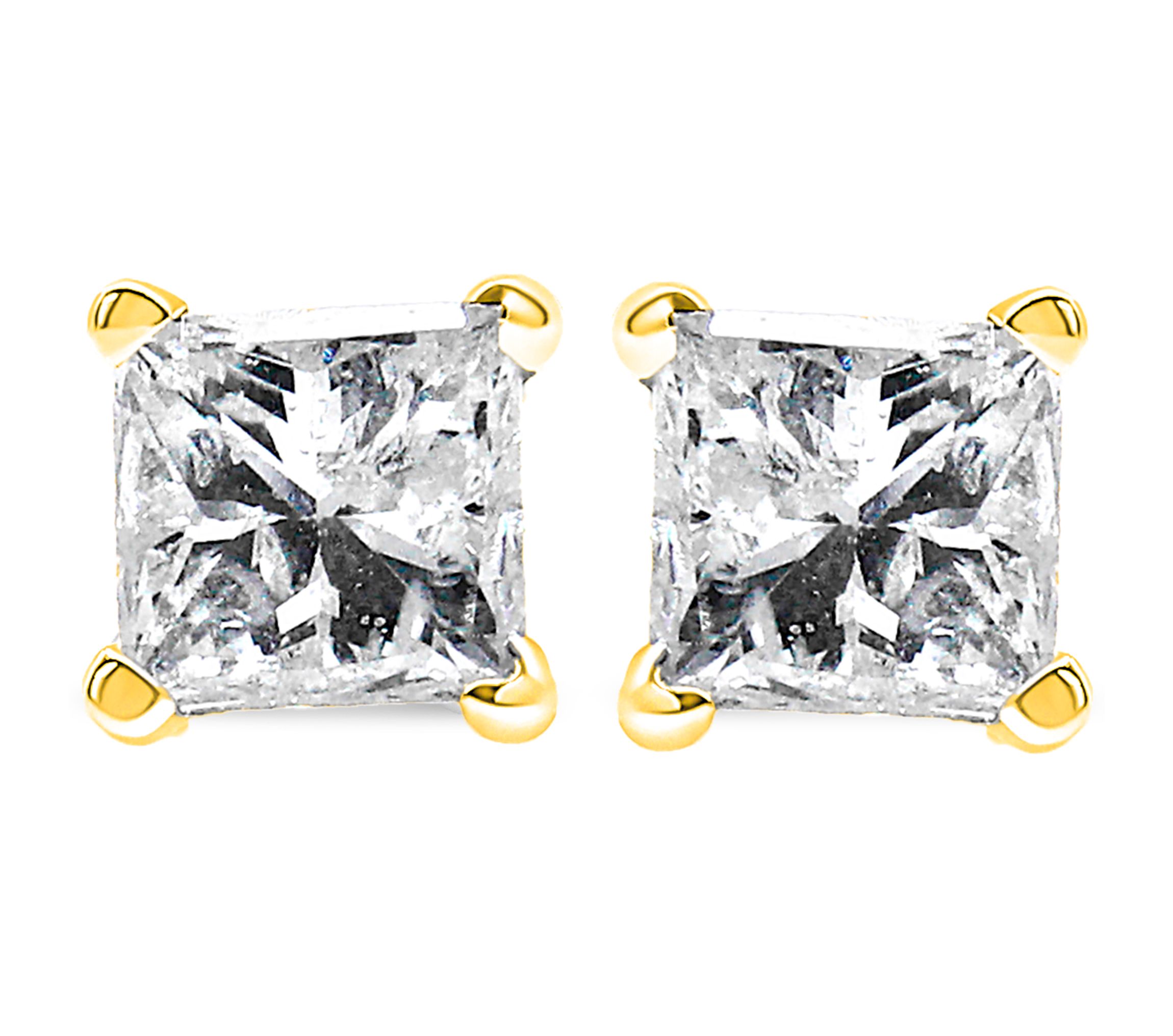 14K Yellow Gold 1/3 Ct Princess Solitaire Stud Earrings