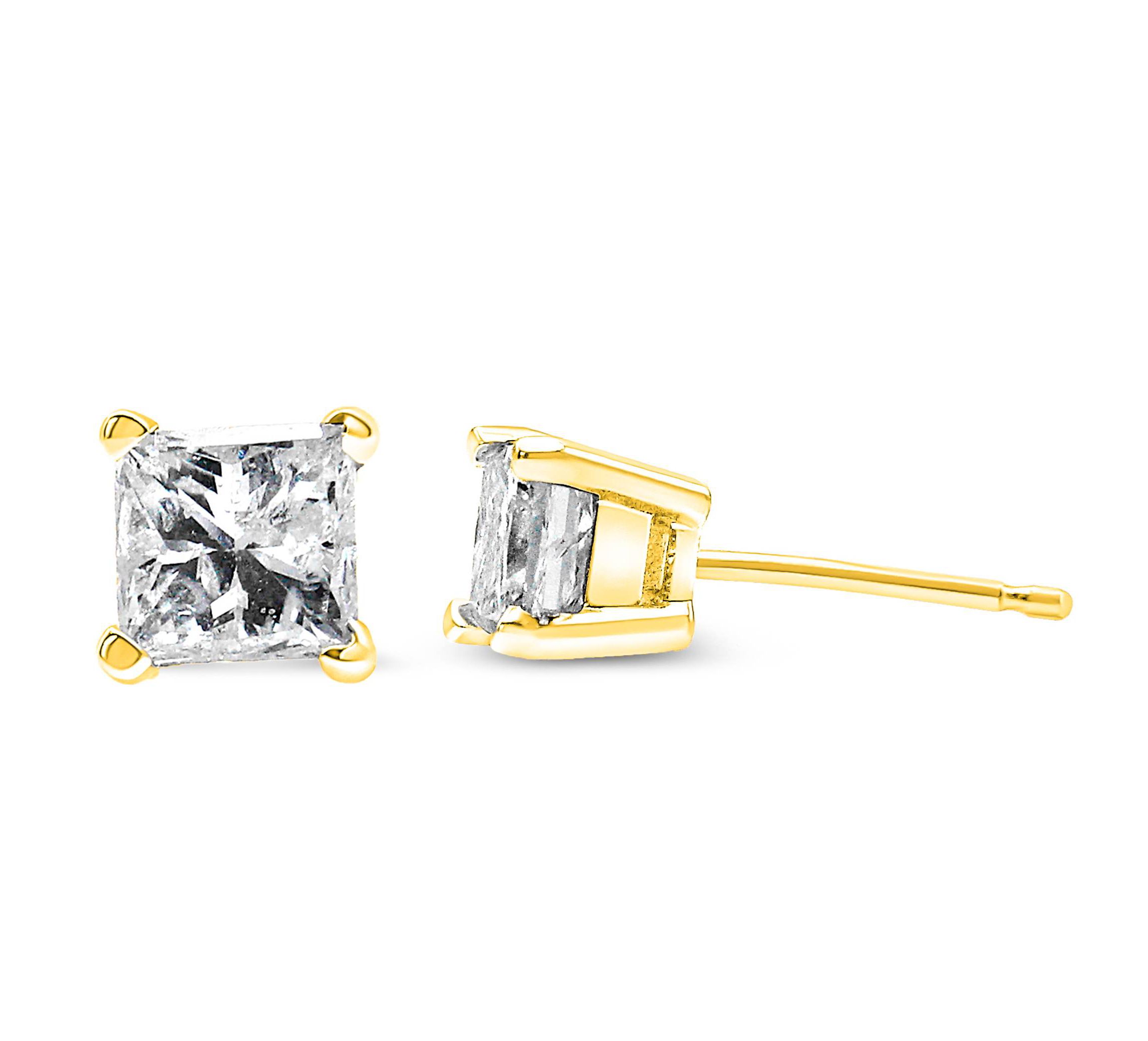 14K Yellow Gold 1/3 Ct Princess Solitaire Stud Earrings