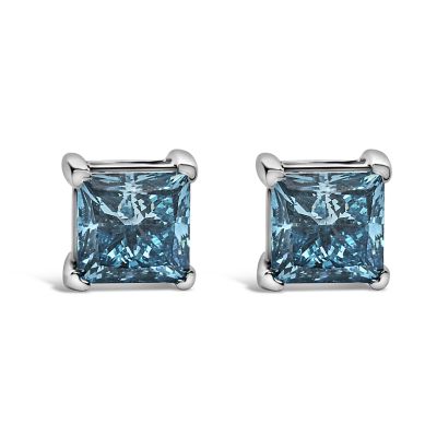Haus of Brilliance Lab Created 14K White Gold 1.0 Cttw Princess Cut Lab Grown Blue Diamond Solitaire Stud Earrings