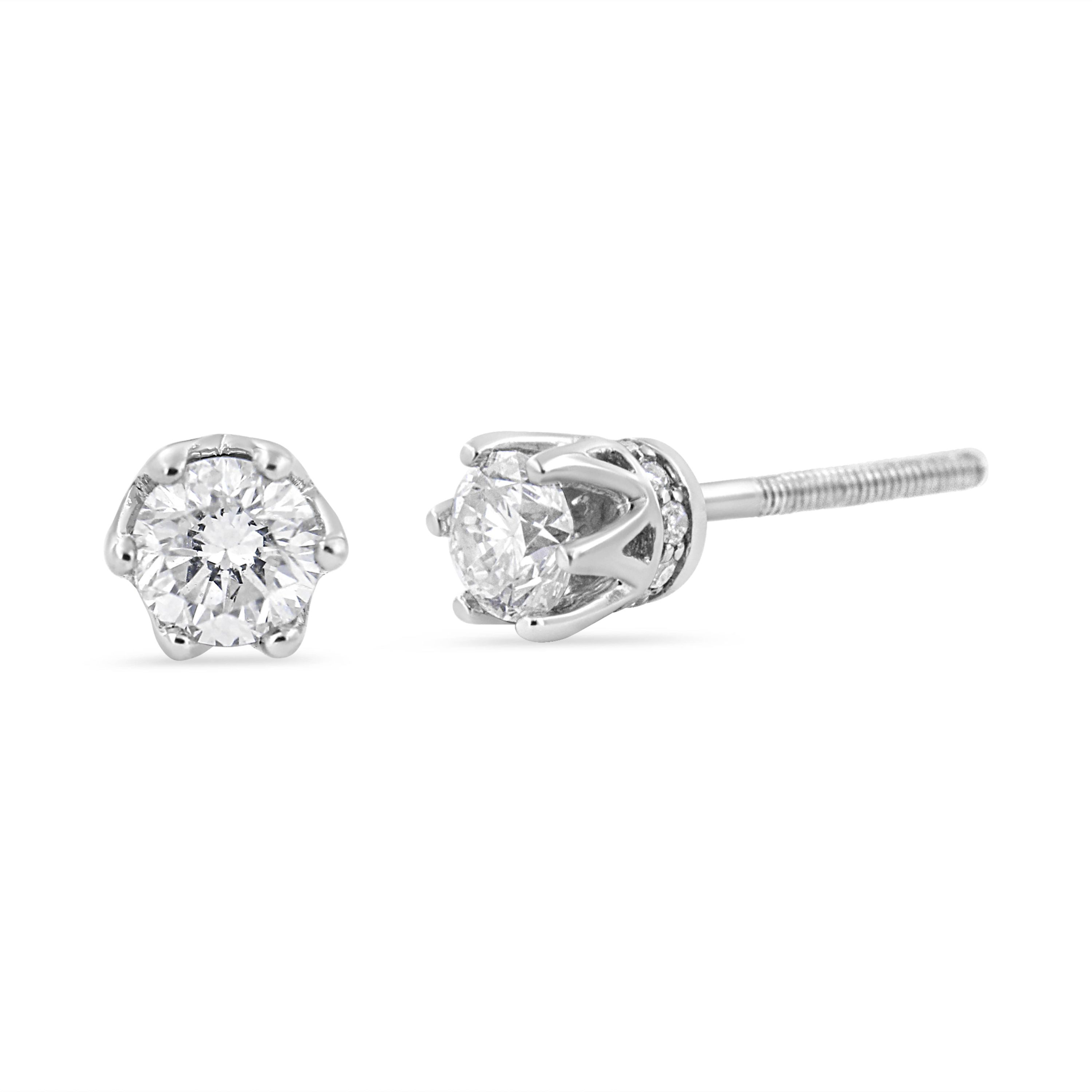 14K White Gold 1/2 Ct Round Diamond 6 Prong Crown Stud Earrings