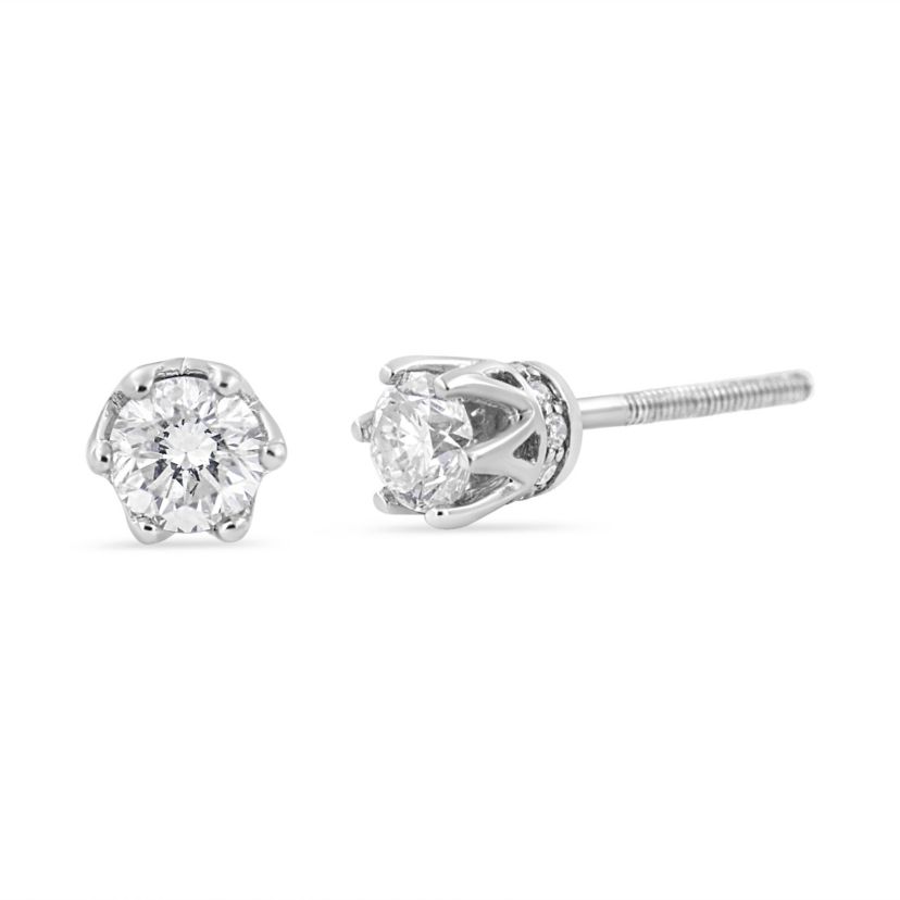 14K White Gold 1/2 Ct Round Diamond 6 Prong Crown Stud Earrings
