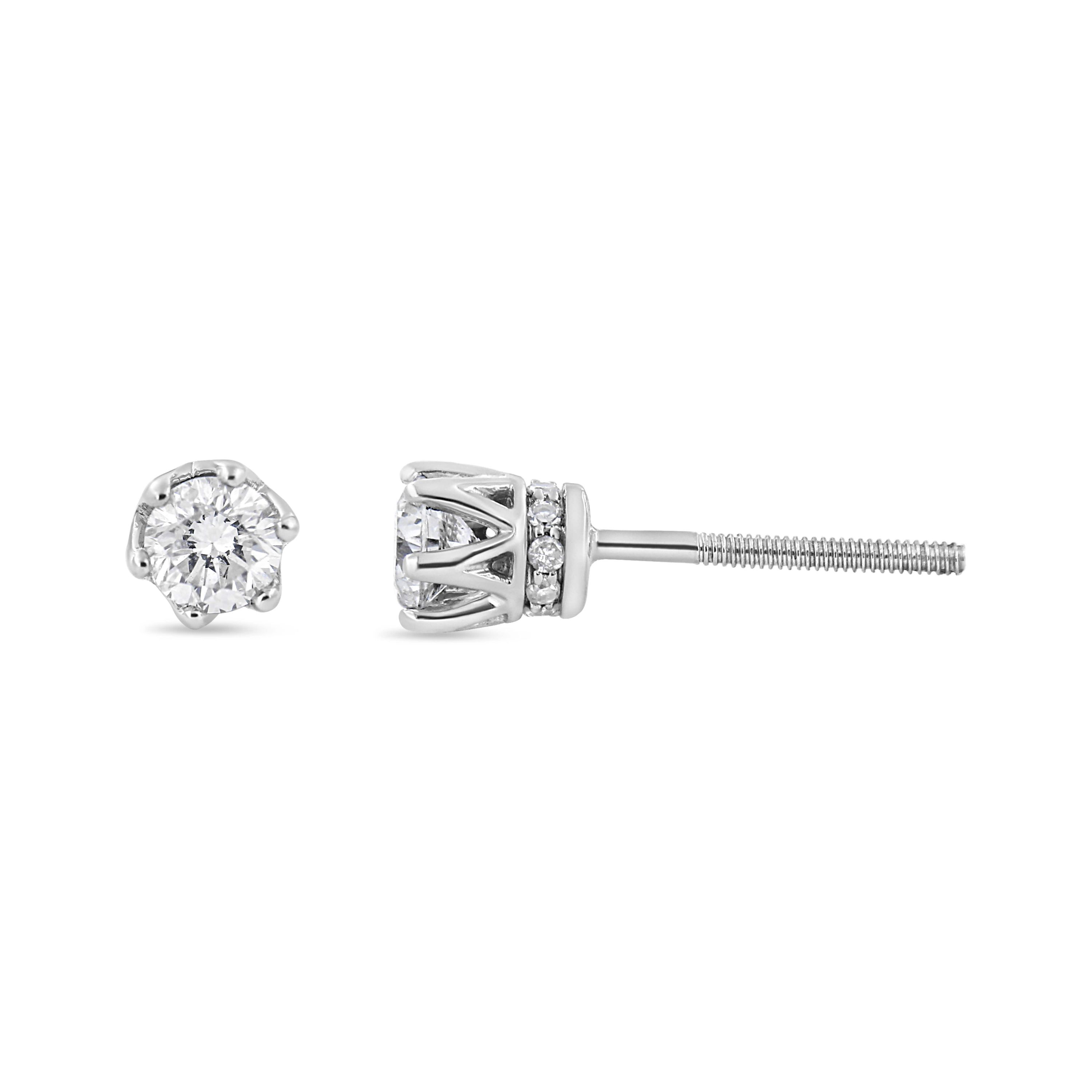 14K White Gold 1/2 Ct Round Diamond 6 Prong Crown Stud Earrings