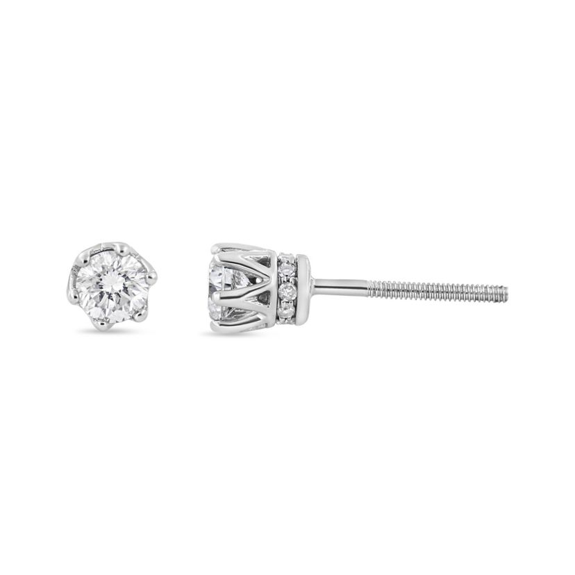 14K White Gold 1/2 Ct Round Diamond 6 Prong Crown Stud Earrings