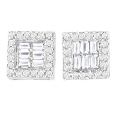 Haus of Brilliance 14K White Gold 1 cttw Round and Baguette Diamond Stud Earrings