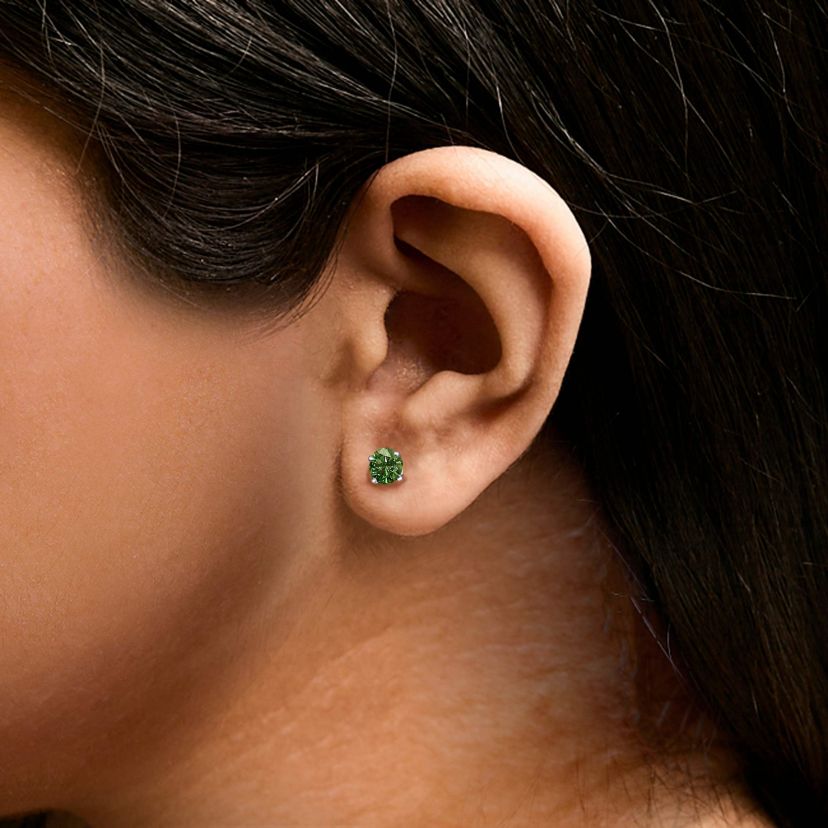 Lab Created 14K Gold 1 1/2 Ct Lab Grown Green Diamond Solitaire Stud Earrings