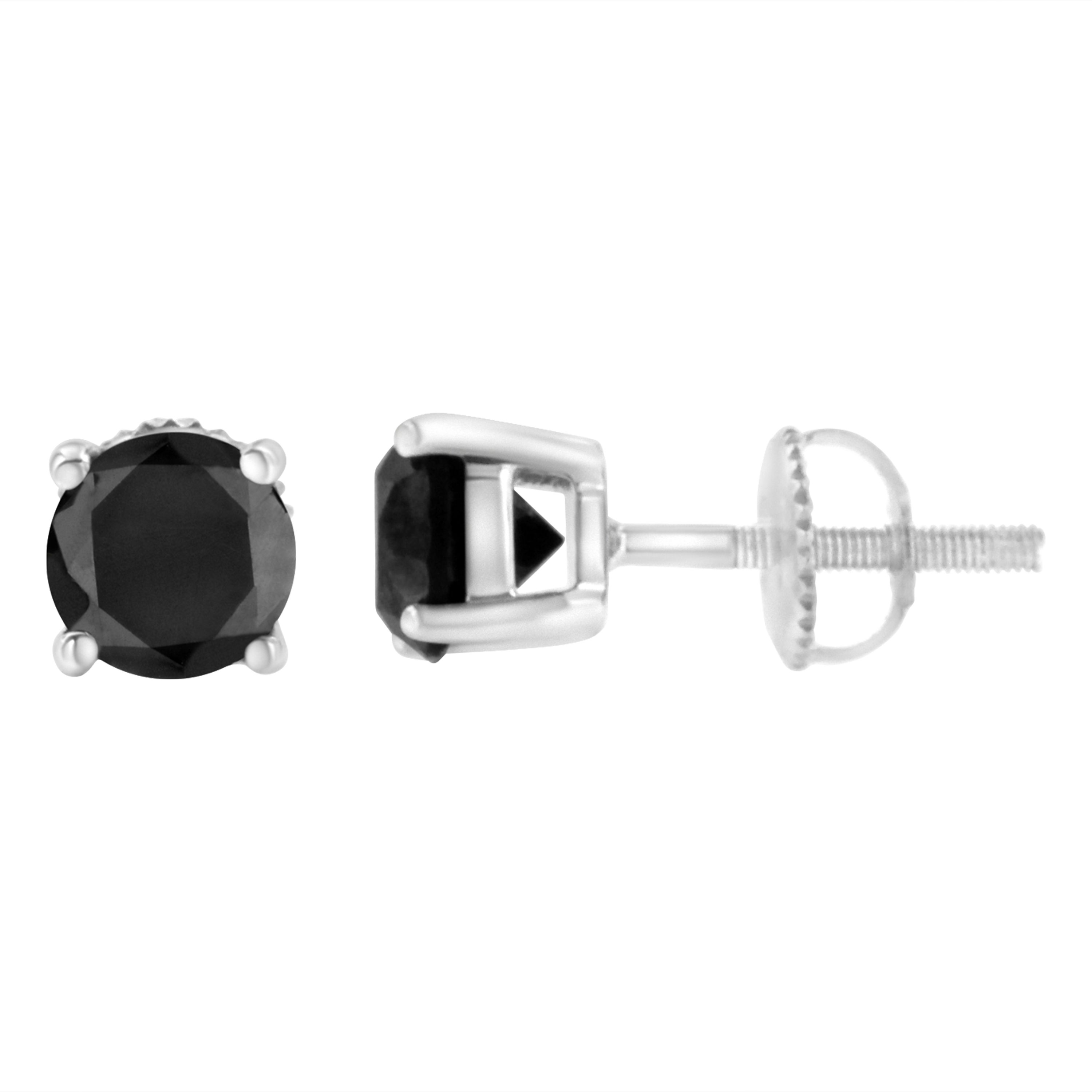 14K White Gold 3.00 Ct Black Diamond Stud Earrings with Screw Backs