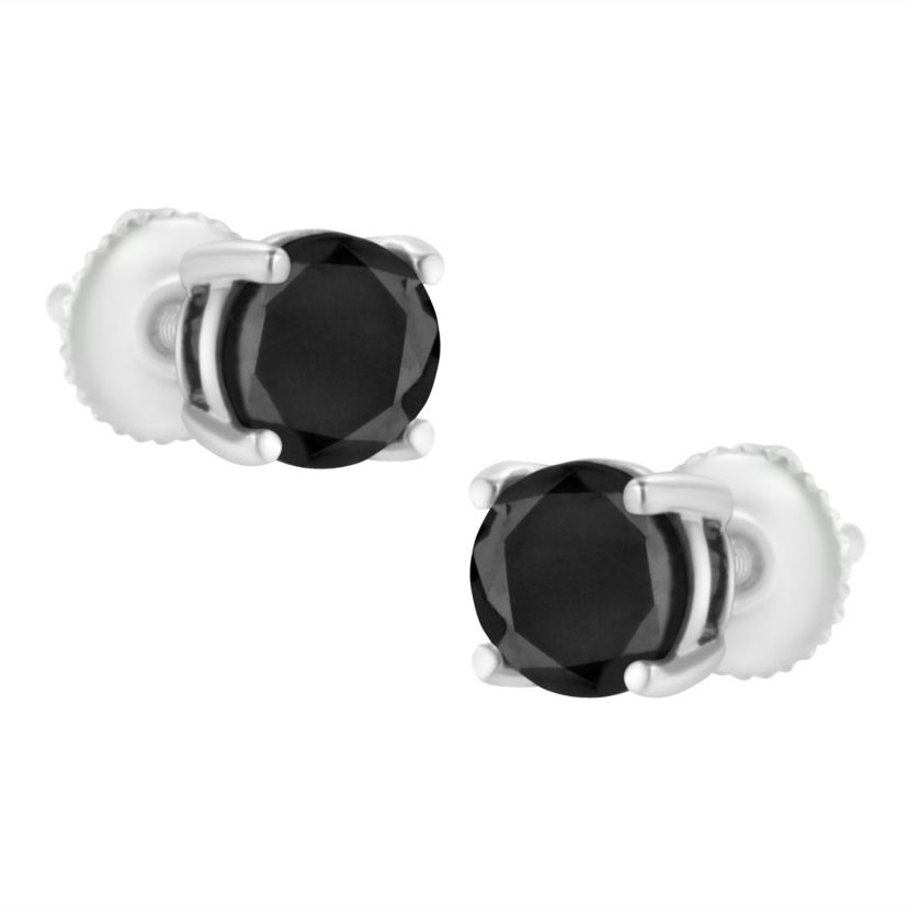 14K White Gold 3.00 Ct Black Diamond Stud Earrings with Screw Backs
