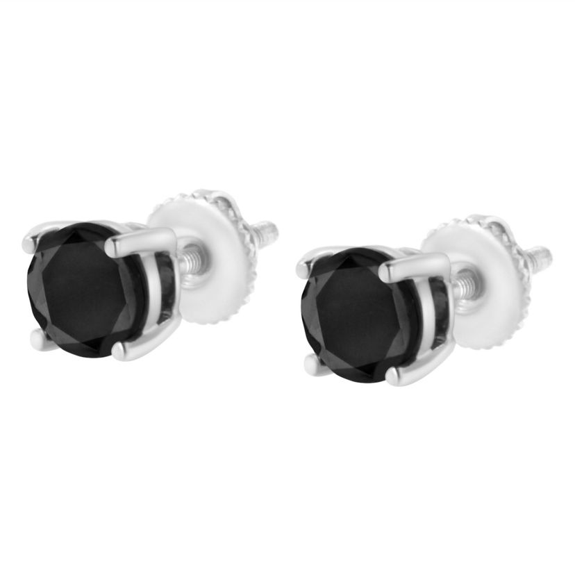 14K White Gold 3.00 Ct Black Diamond Stud Earrings with Screw Backs