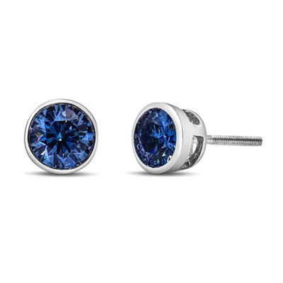 Haus of Brilliance Lab Created 14K White Gold 1.0 Ct Blue Lab Grown Diamond Bezel Solitaire Stud Earrings