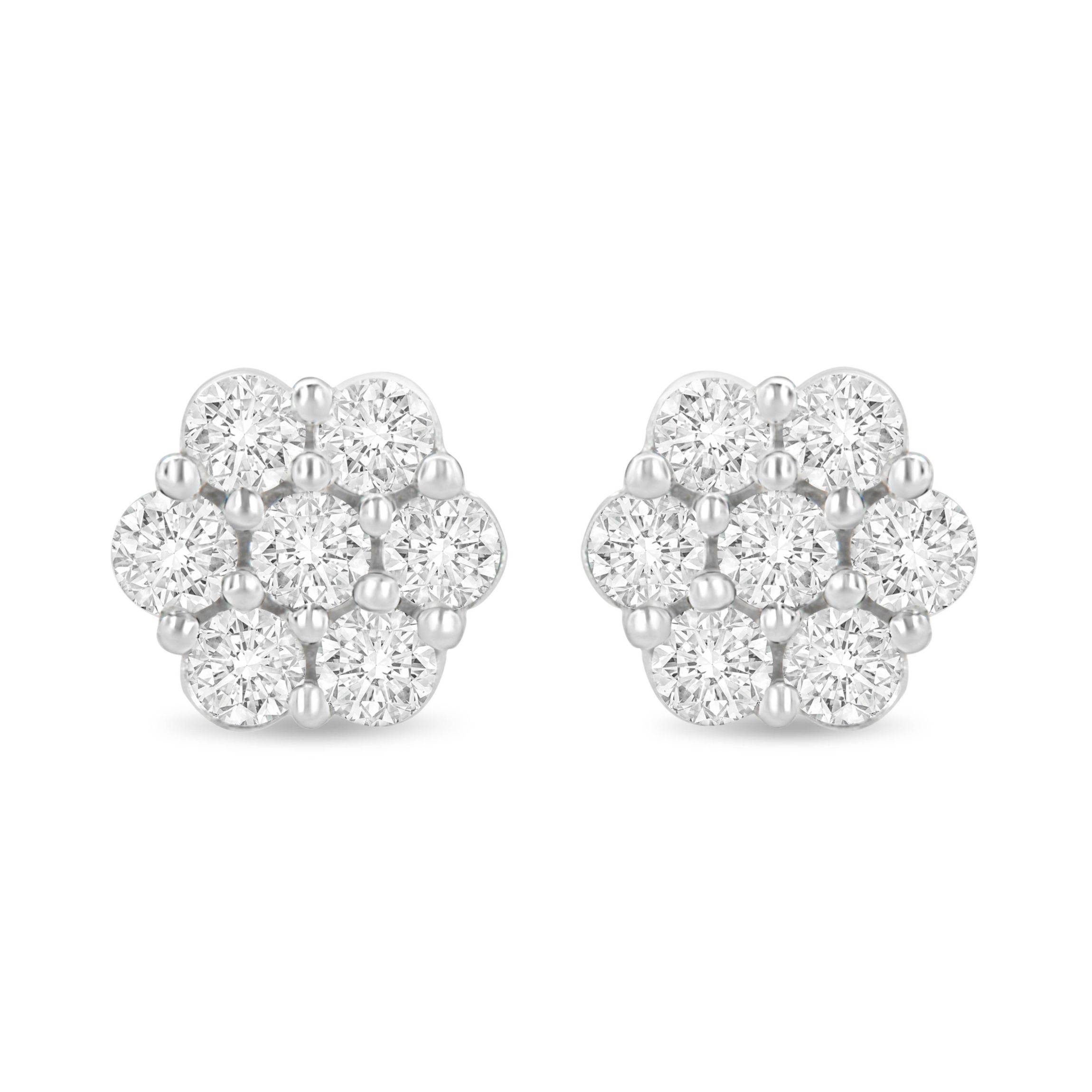 14K White Gold 1.0 Ct Prong RoundDiamond Floral Stud Earrings