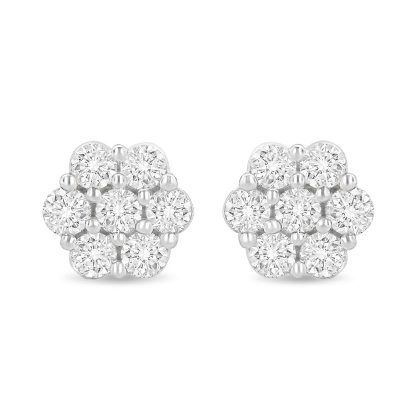 14K White Gold 1.0 Ct Prong RoundDiamond Floral Stud Earrings