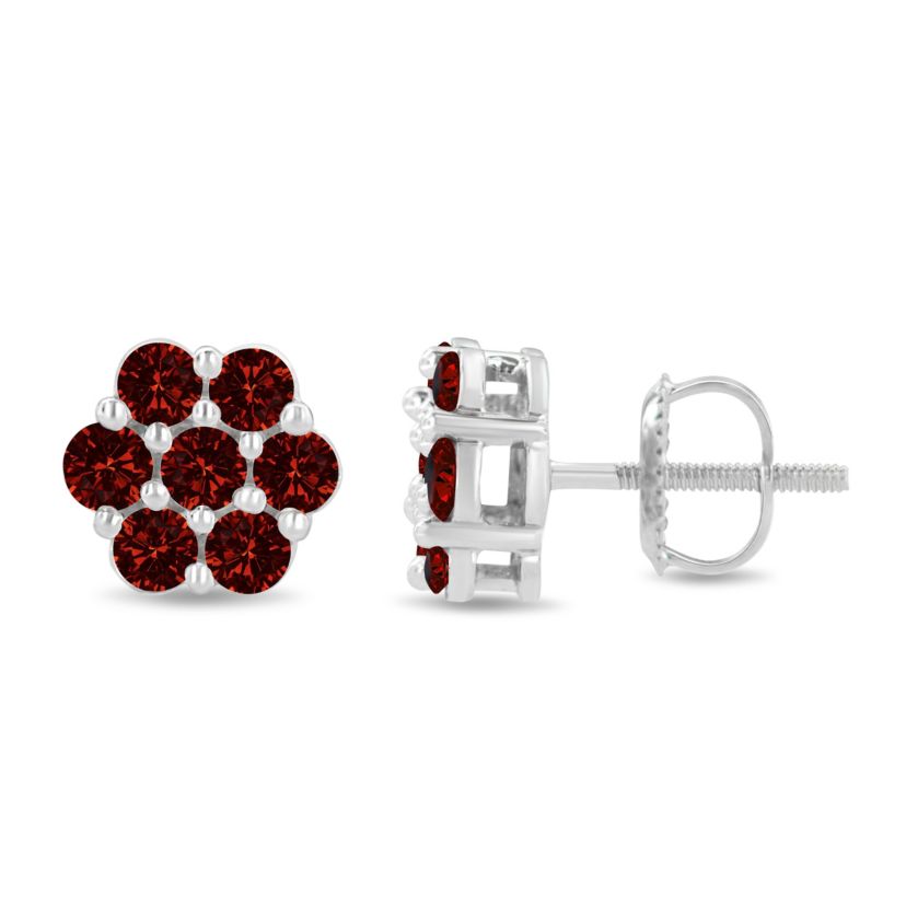 14K White Gold 1.0 Ct Red Diamond Prong 7 Stone Floral Stud Earrings