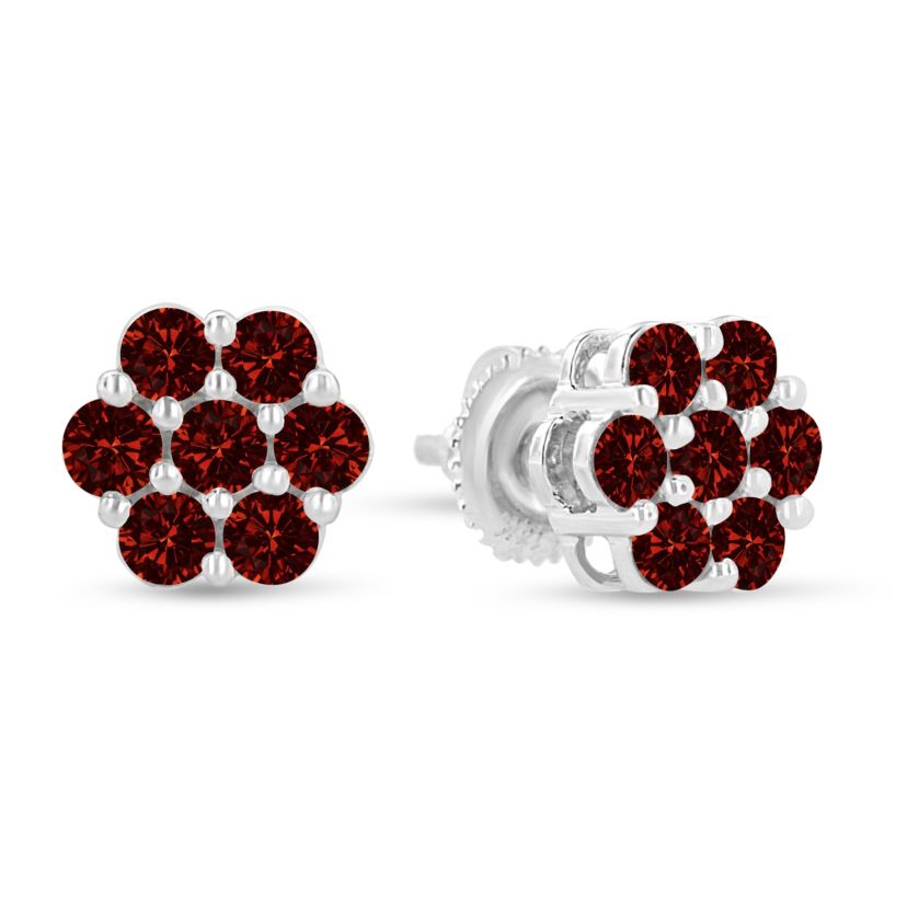 14K White Gold 1.0 Ct Red Diamond Prong 7 Stone Floral Stud Earrings