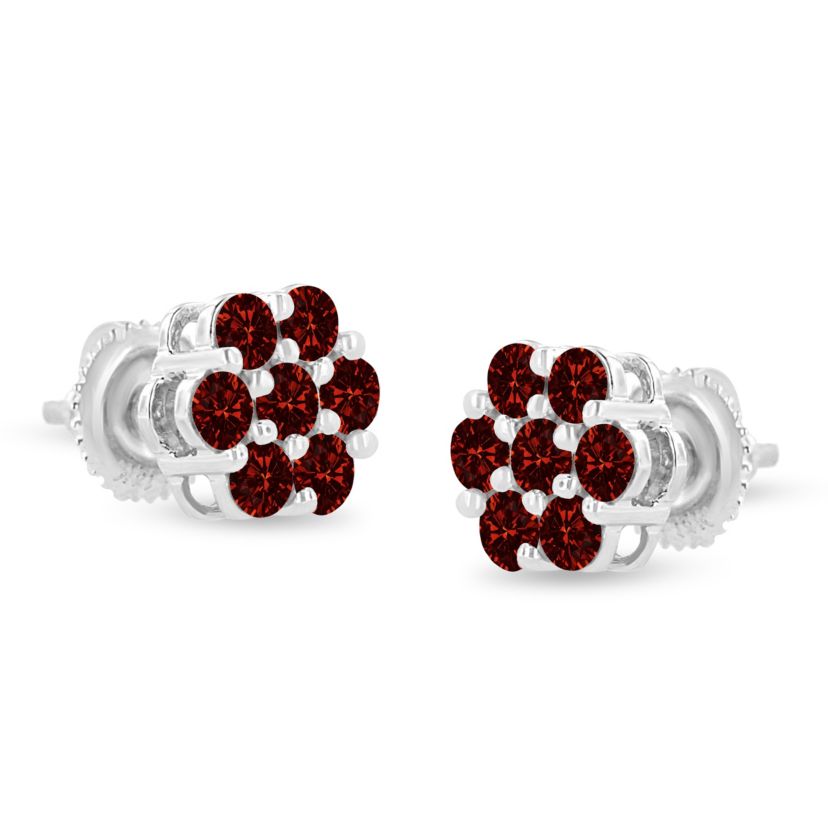 14K White Gold 1.0 Ct Red Diamond Prong 7 Stone Floral Stud Earrings