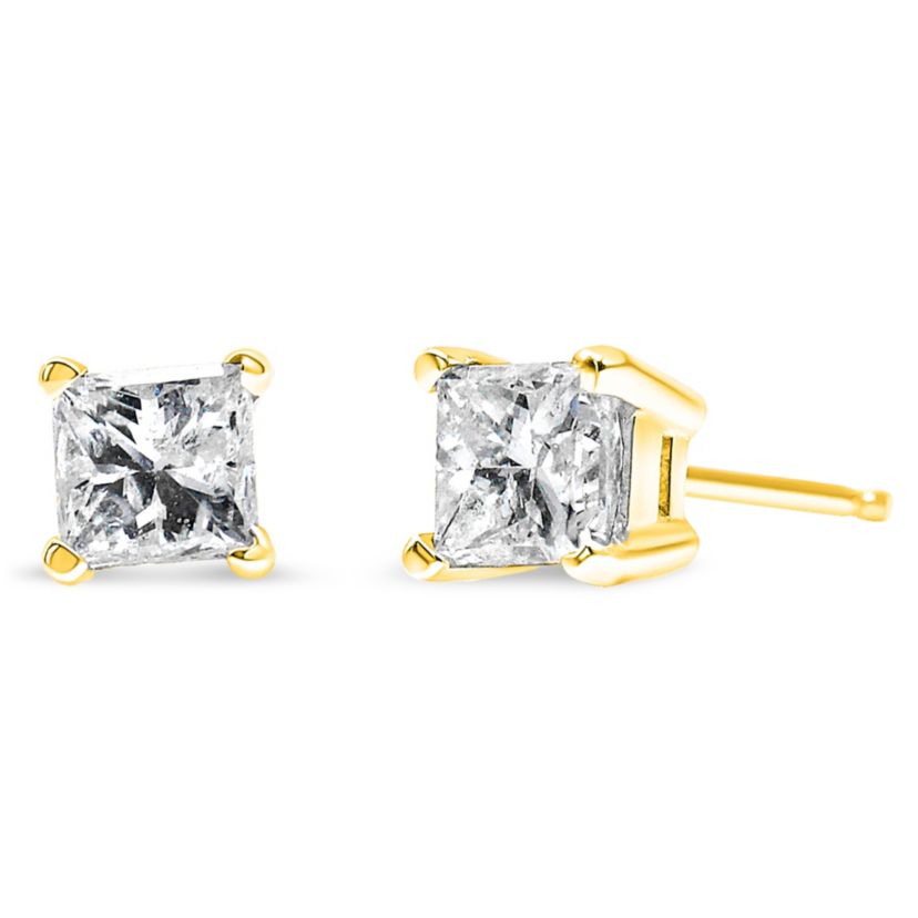 AGS Certified 3/8 Ct Princess Diamond Solitaire Stud Earrings in 14K Yellow Gold