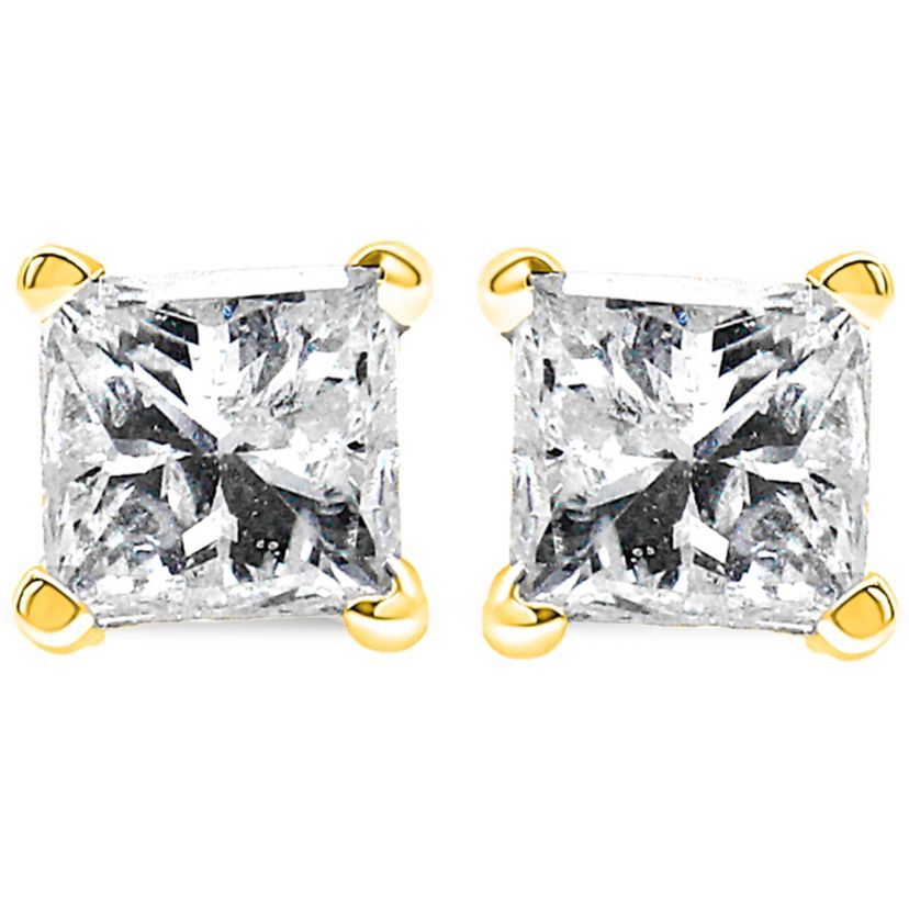 AGS Certified 3/8 Ct Princess Diamond Solitaire Stud Earrings in 14K Yellow Gold