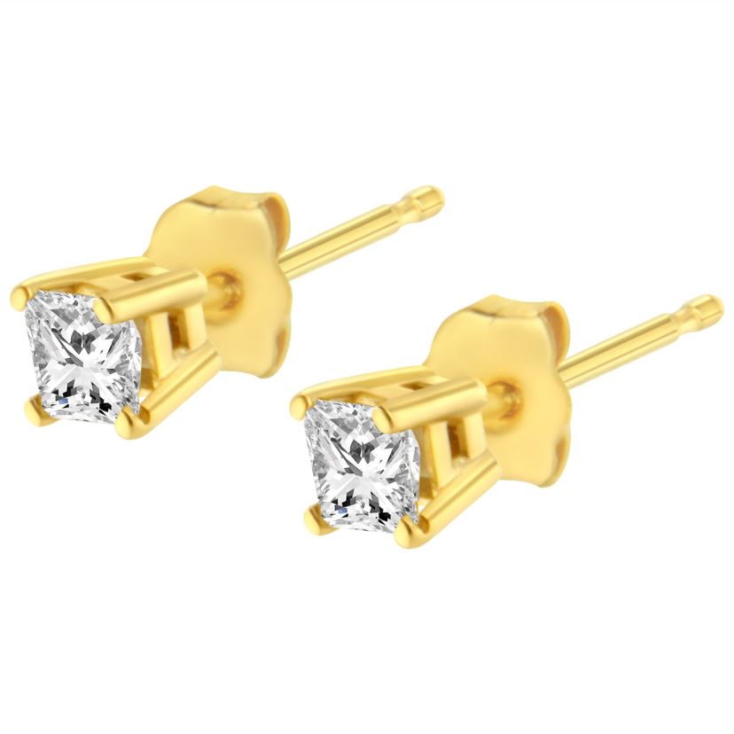 AGS Certified 3/8 Ct Princess Diamond Solitaire Stud Earrings in 14K Yellow Gold