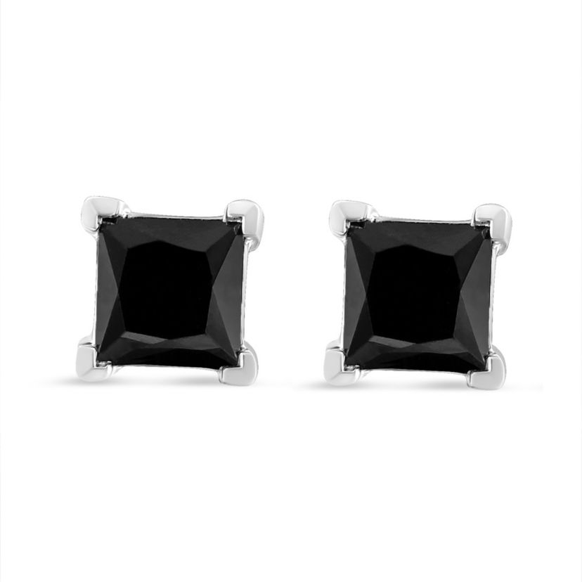 14K White Gold 2.00 Ct Princess Black Diamond Stud Earrings with Screw Backs