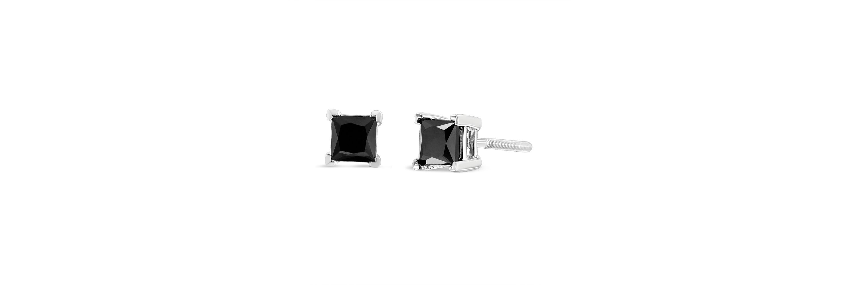 14K White Gold 2.00 Ct Princess Black Diamond Stud Earrings with Screw Backs