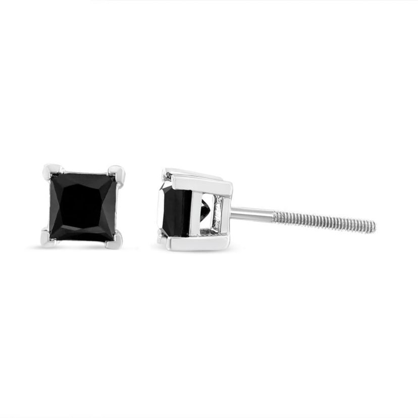 14K White Gold 2.00 Ct Princess Black Diamond Stud Earrings with Screw Backs