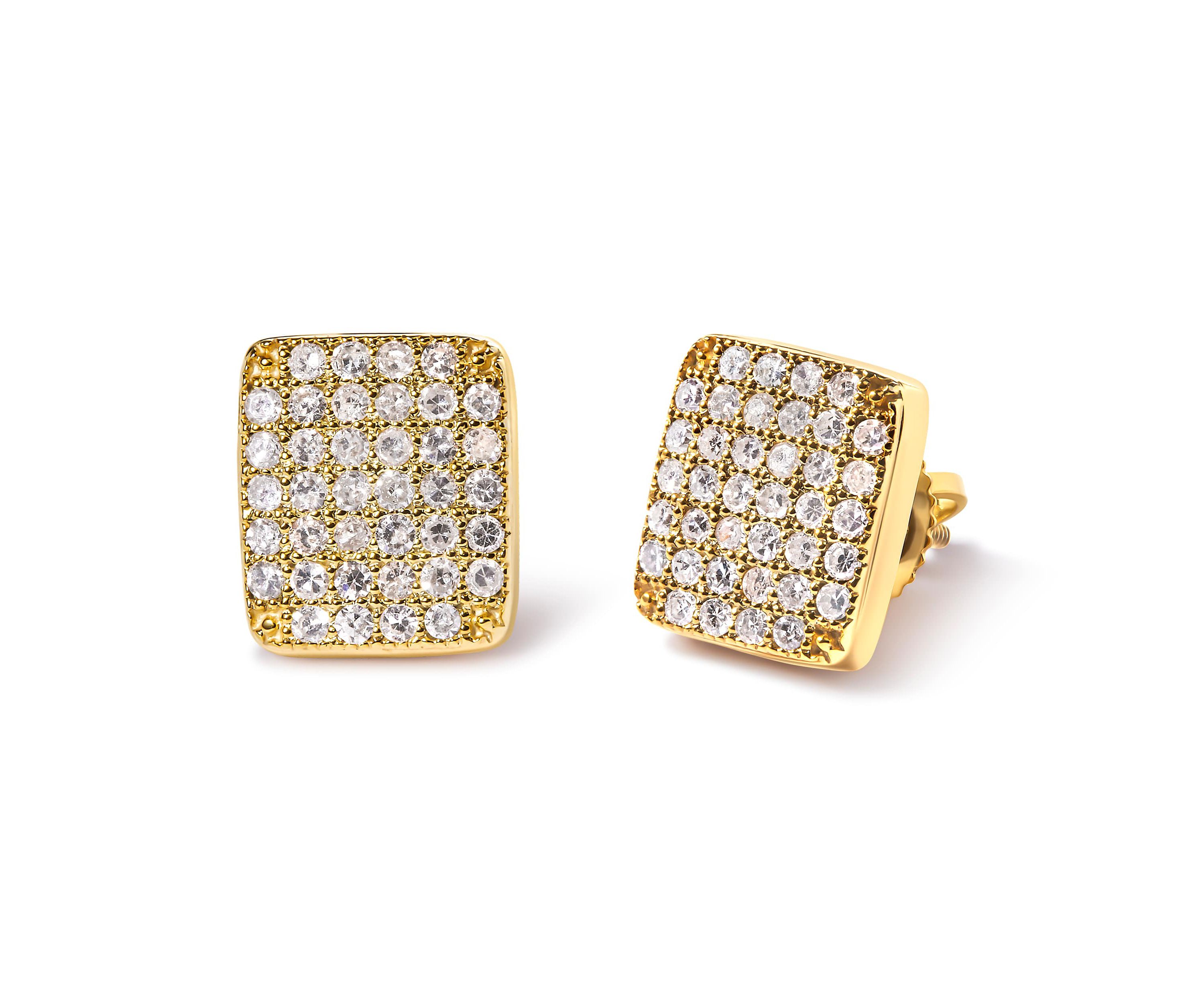 14K Yellow Gold 1/2 Ct Diamond Square Shaped Composite Cluster Stud Earrings