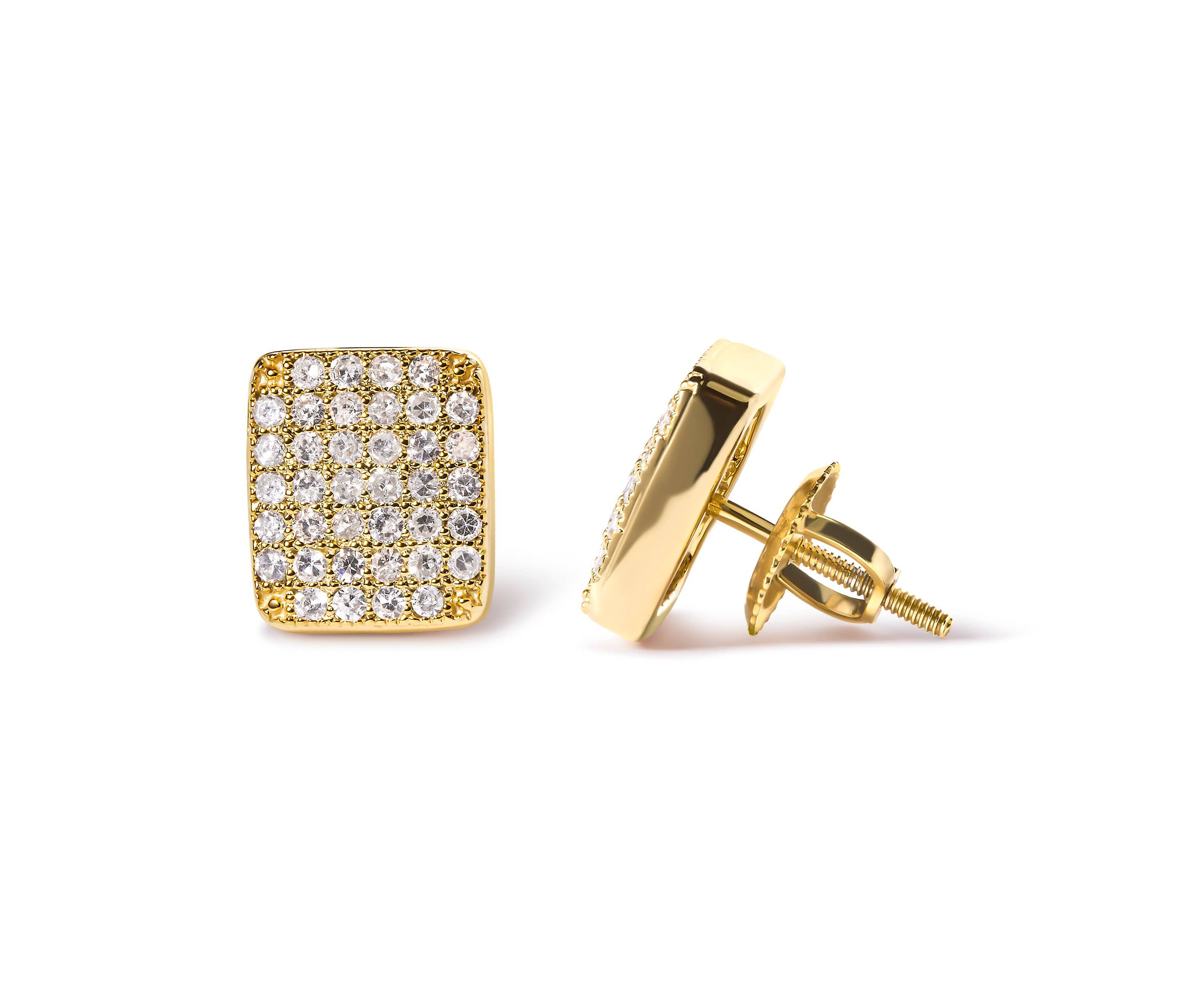 14K Yellow Gold 1/2 Ct Diamond Square Shaped Composite Cluster Stud Earrings
