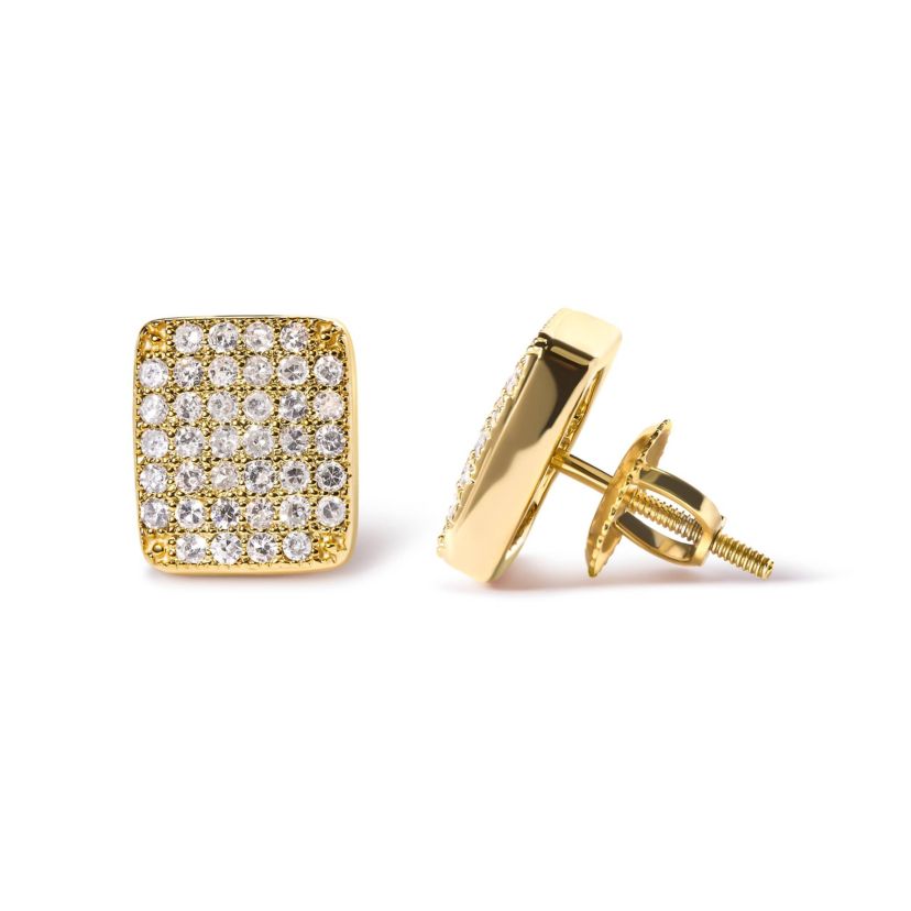 14K Yellow Gold 1/2 Ct Diamond Square Shaped Composite Cluster Stud Earrings