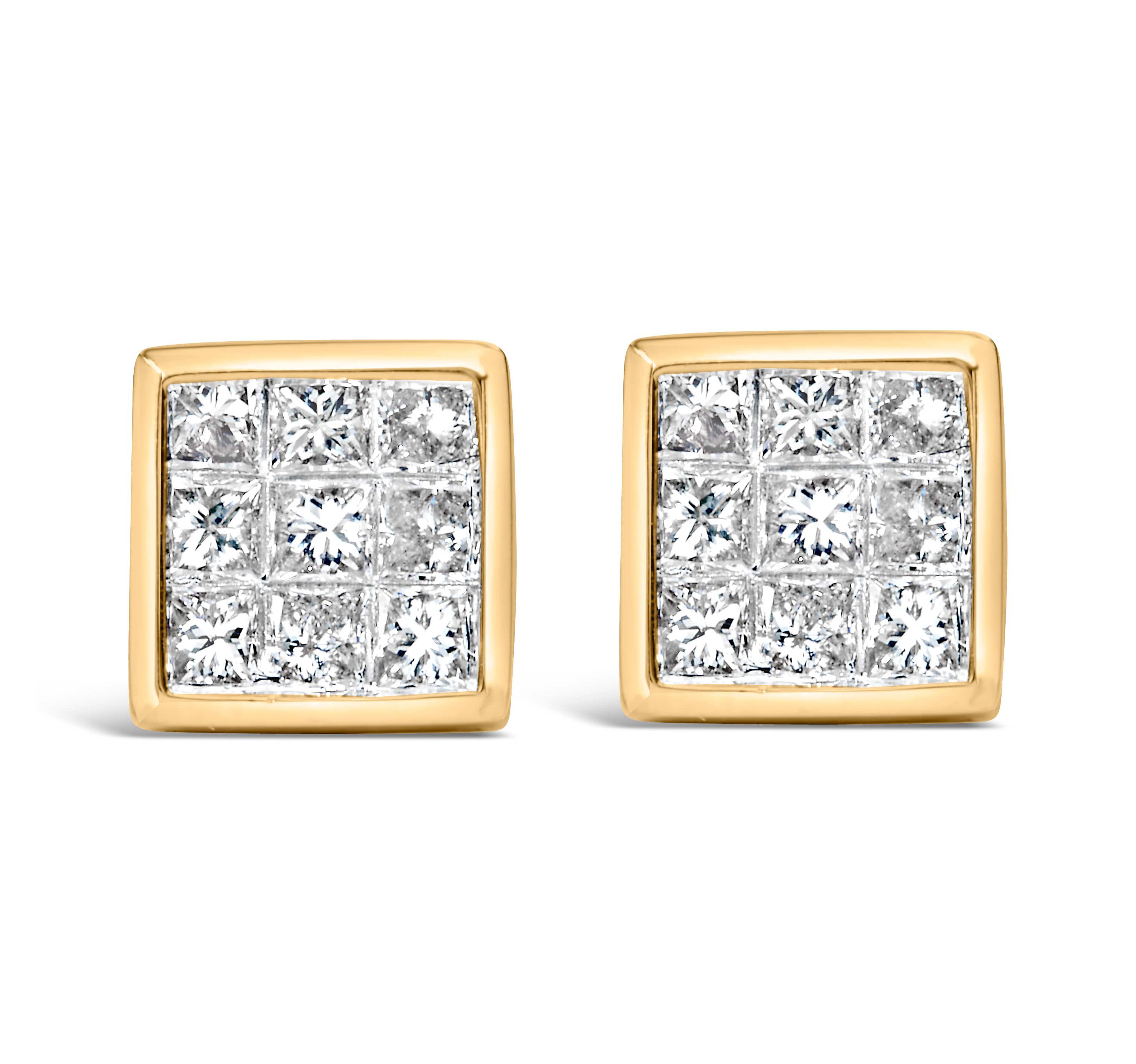 14K Yellow Gold 1.0 Cttw Princess Cut Diamond Composite Stud Earrings