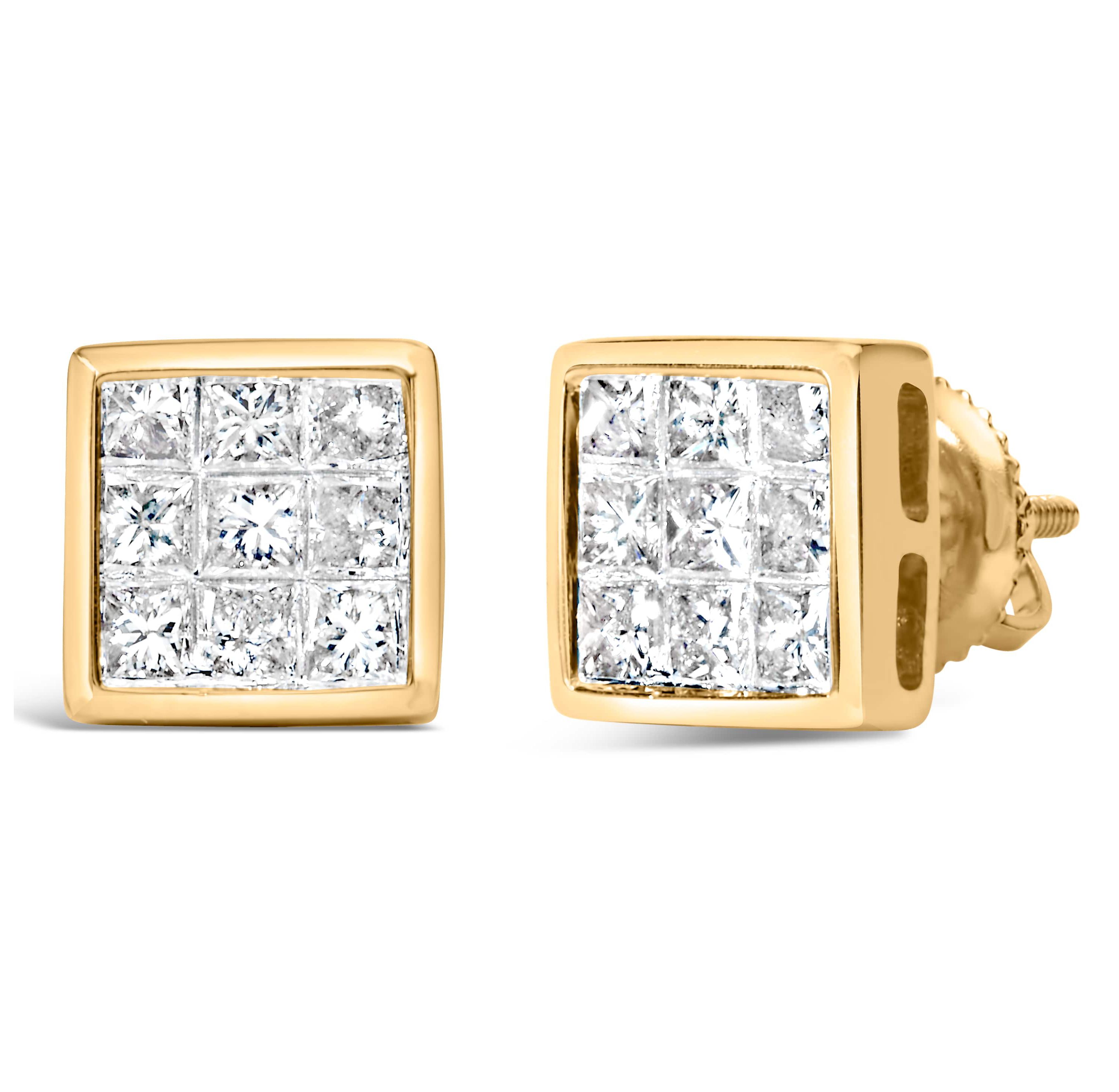 14K Yellow Gold 1.0 Cttw Princess Cut Diamond Composite Stud Earrings