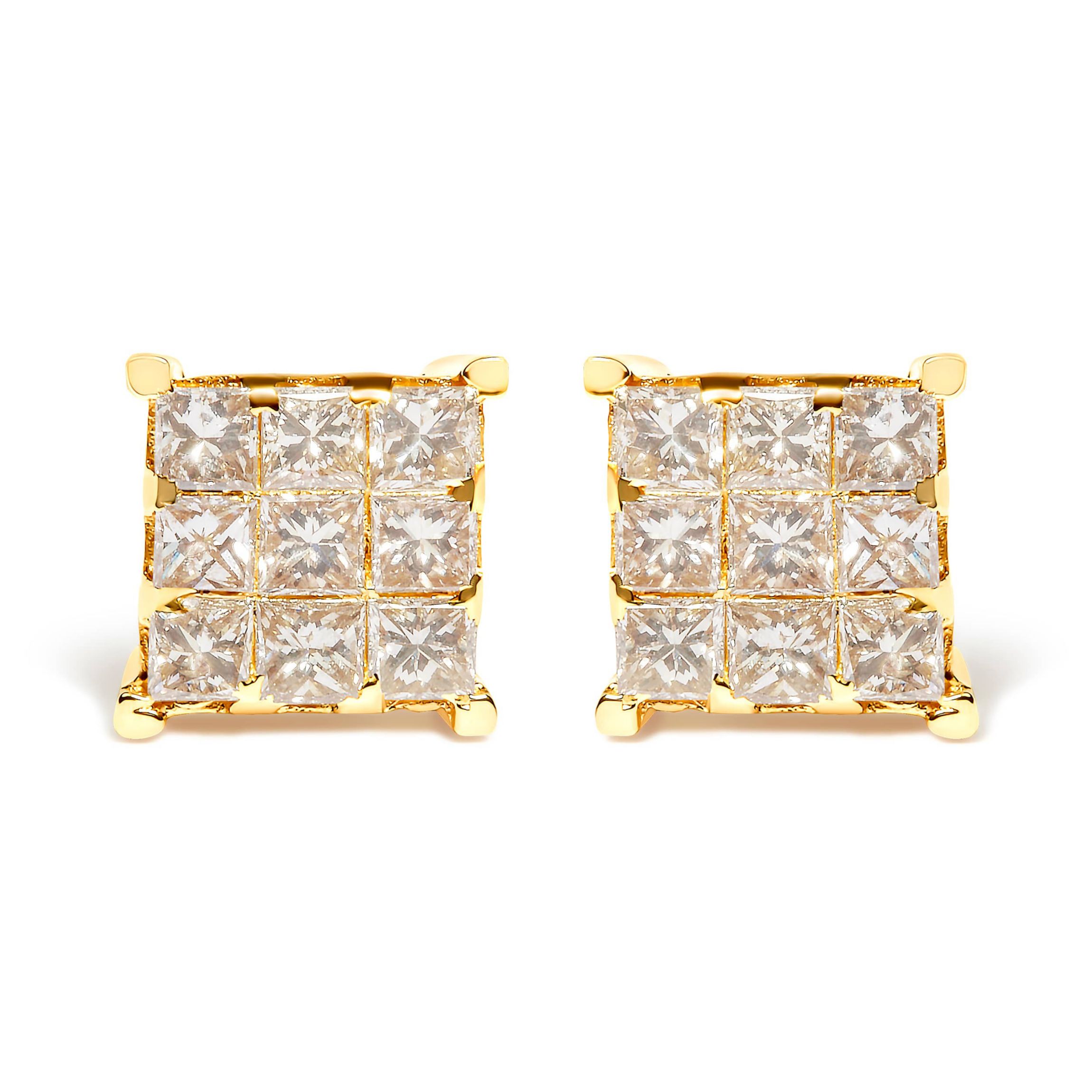 14K Yellow Gold 1 1/2 Cttw Princess-Cut Diamond Square Stud Earrings