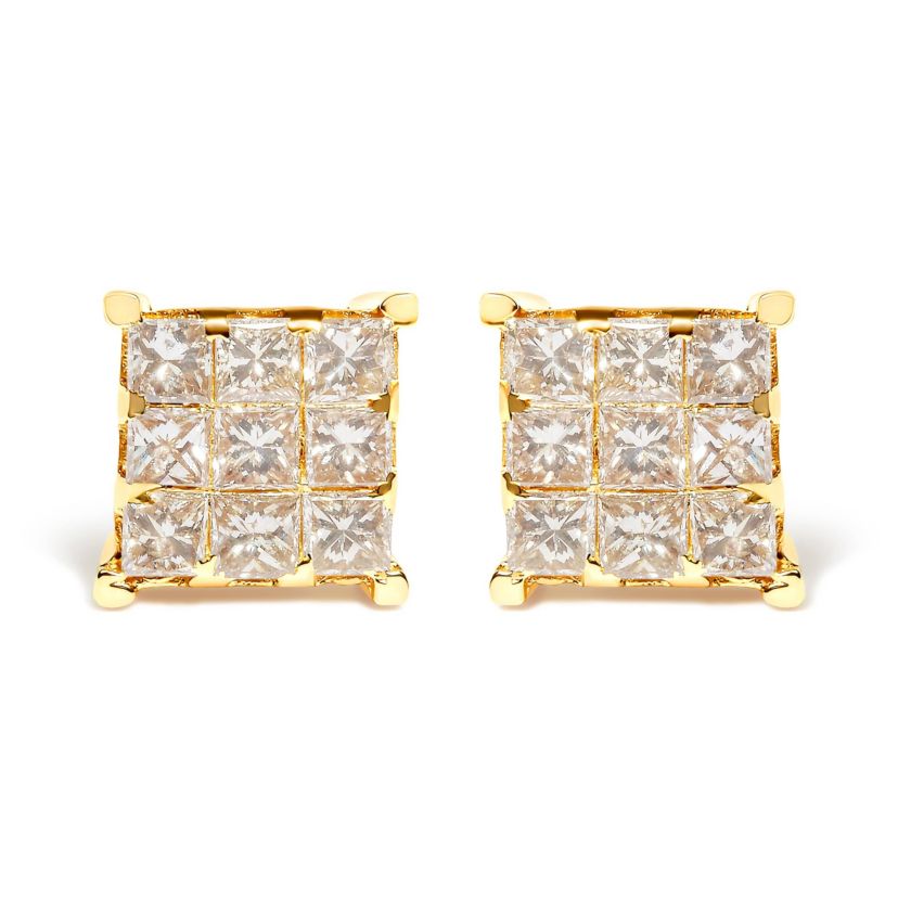 14K Yellow Gold 1 1/2 Cttw Princess-Cut Diamond Square Stud Earrings