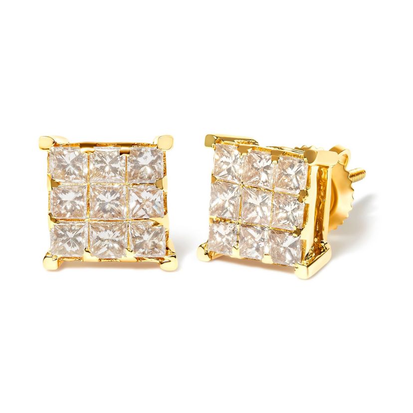 14K Yellow Gold 1 1/2 Cttw Princess-Cut Diamond Square Stud Earrings