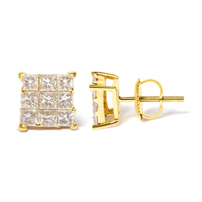 14K Yellow Gold 1 1/2 Cttw Princess-Cut Diamond Square Stud Earrings