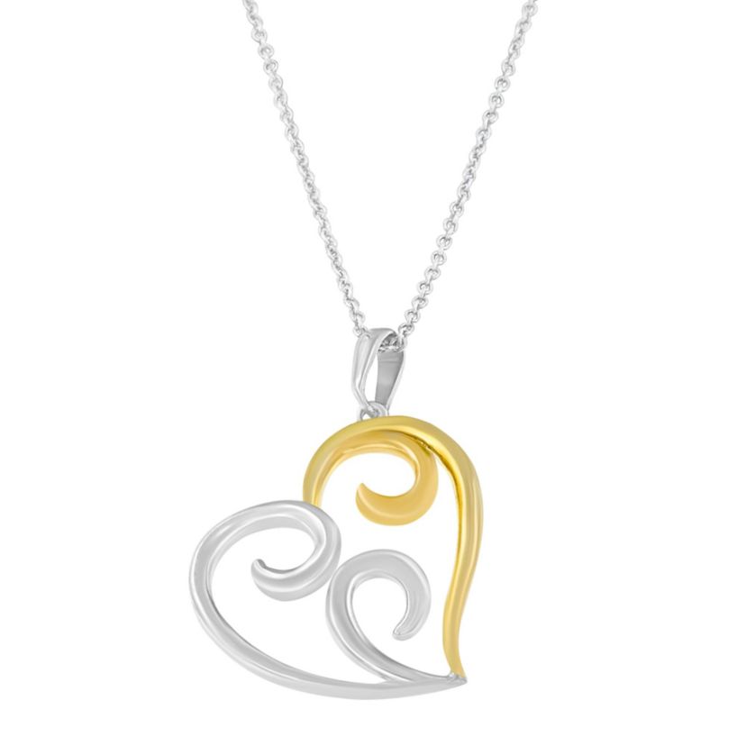 10K Yellow Gold Over Silver Open Heart with Swirls 18" Box Chain Pendant Necklace