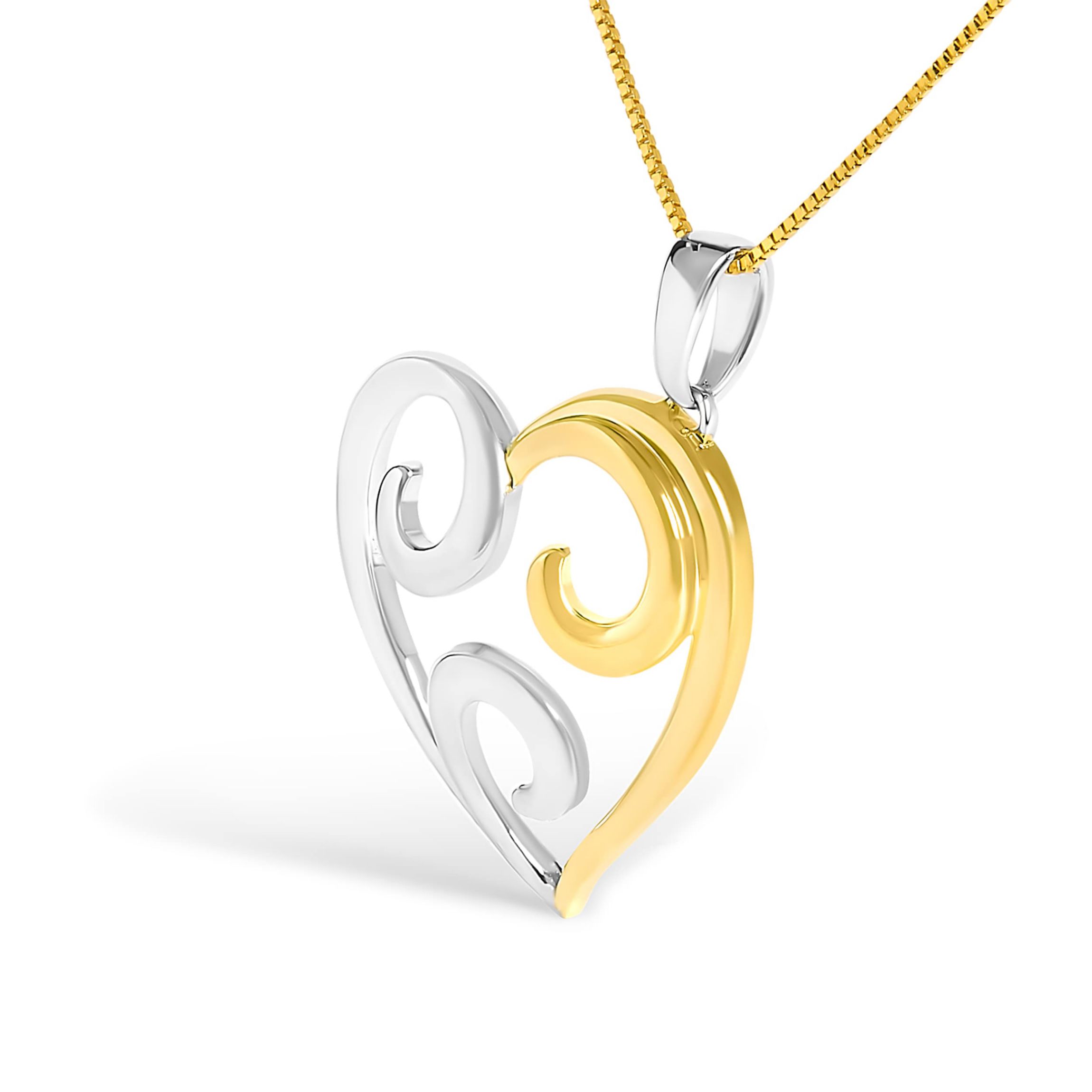10K Yellow Gold Over Silver Open Heart with Swirls 18" Box Chain Pendant Necklace