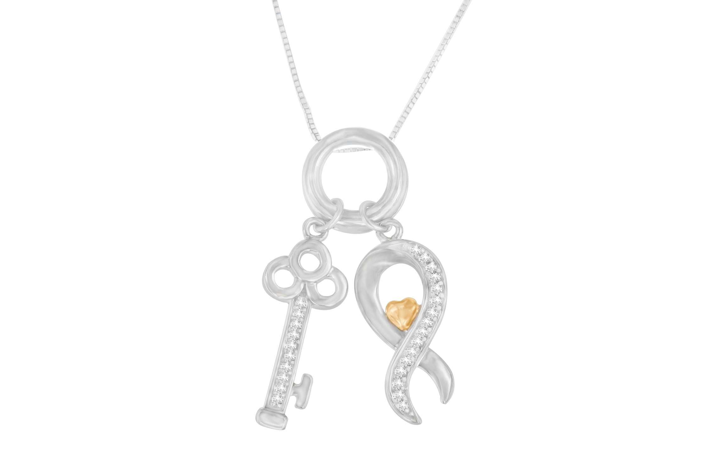 Two Tone .925 Sterling Silver 1/6 cttw Diamond Symbol Key Pendant Necklace