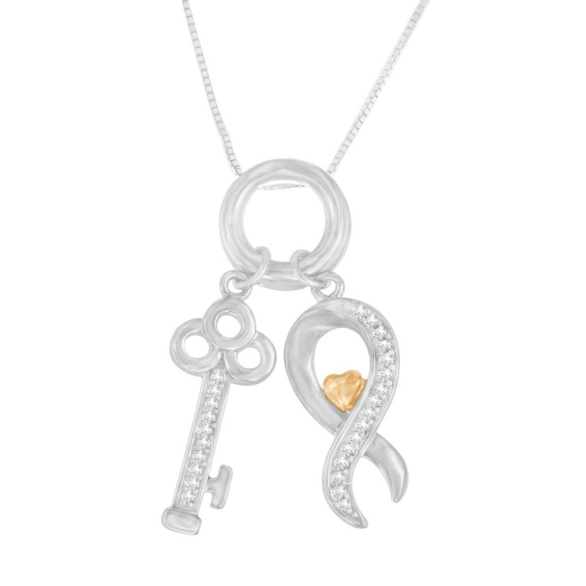 Two Tone .925 Sterling Silver 1/6 cttw Diamond Symbol Key Pendant Necklace