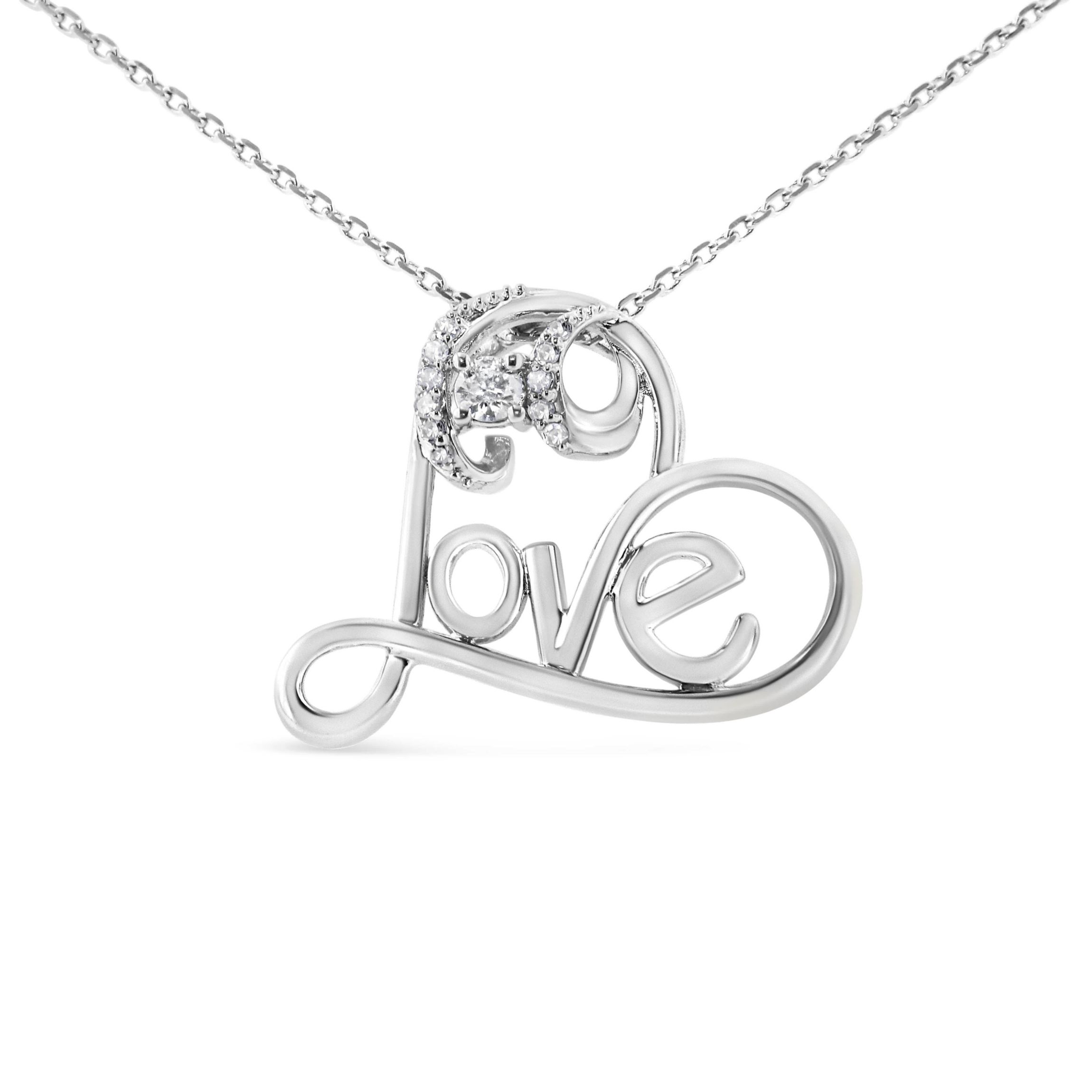 Silver 1/10 Cttw Round Diamond Accented Open Heart with Love 18" Pendant Necklace