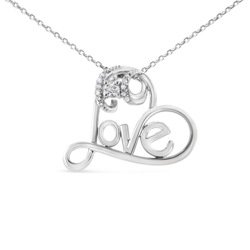 Silver 1/10 Cttw Round Diamond Accented Open Heart with Love 18" Pendant Necklace