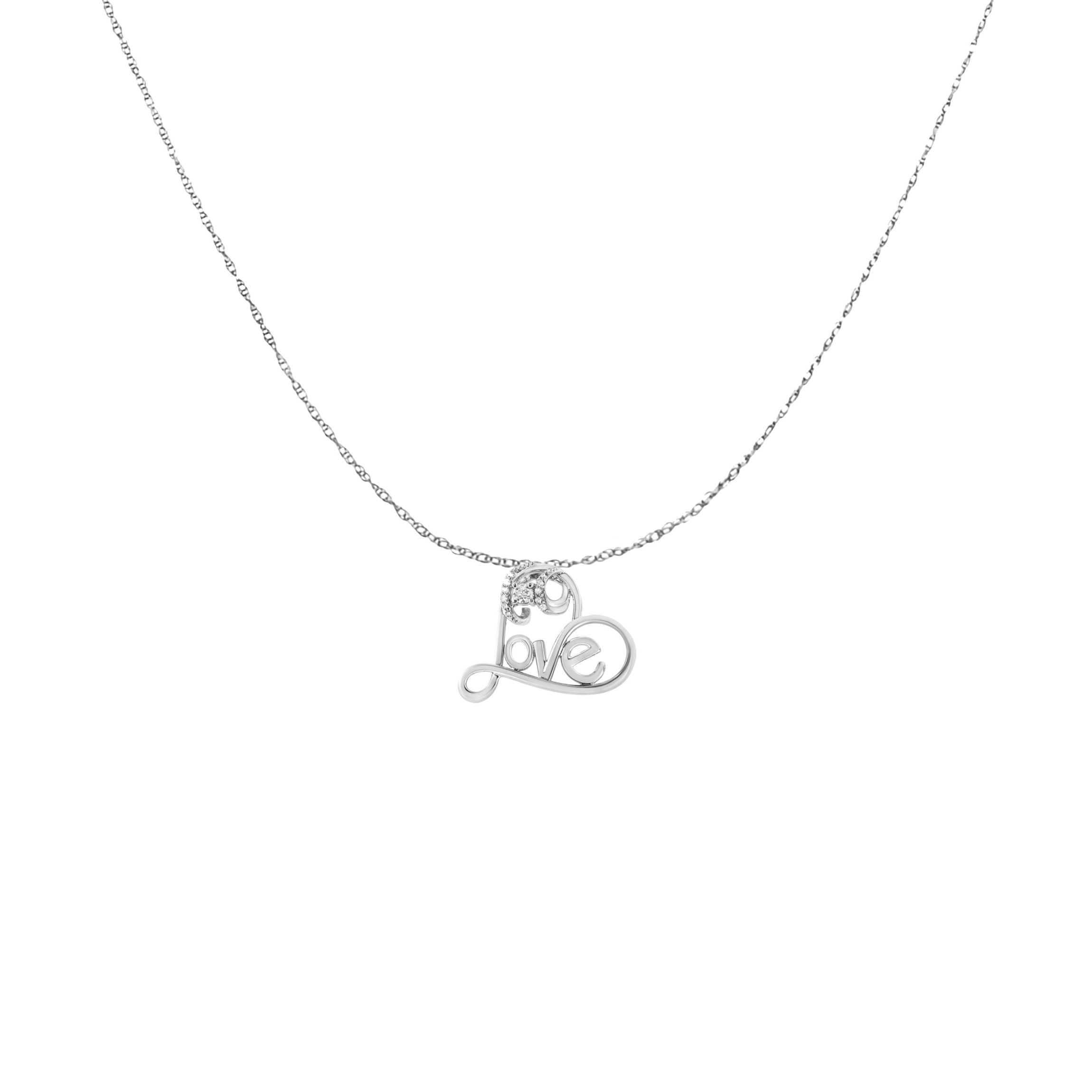 Silver 1/10 Cttw Round Diamond Accented Open Heart with Love 18" Pendant Necklace