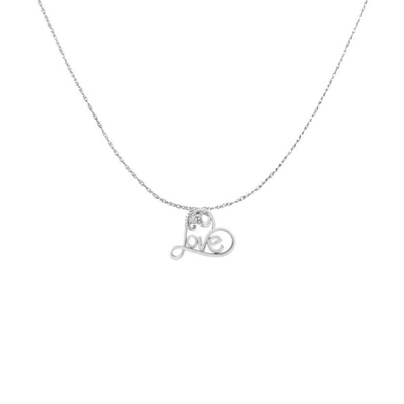 Silver 1/10 Cttw Round Diamond Accented Open Heart with Love 18" Pendant Necklace
