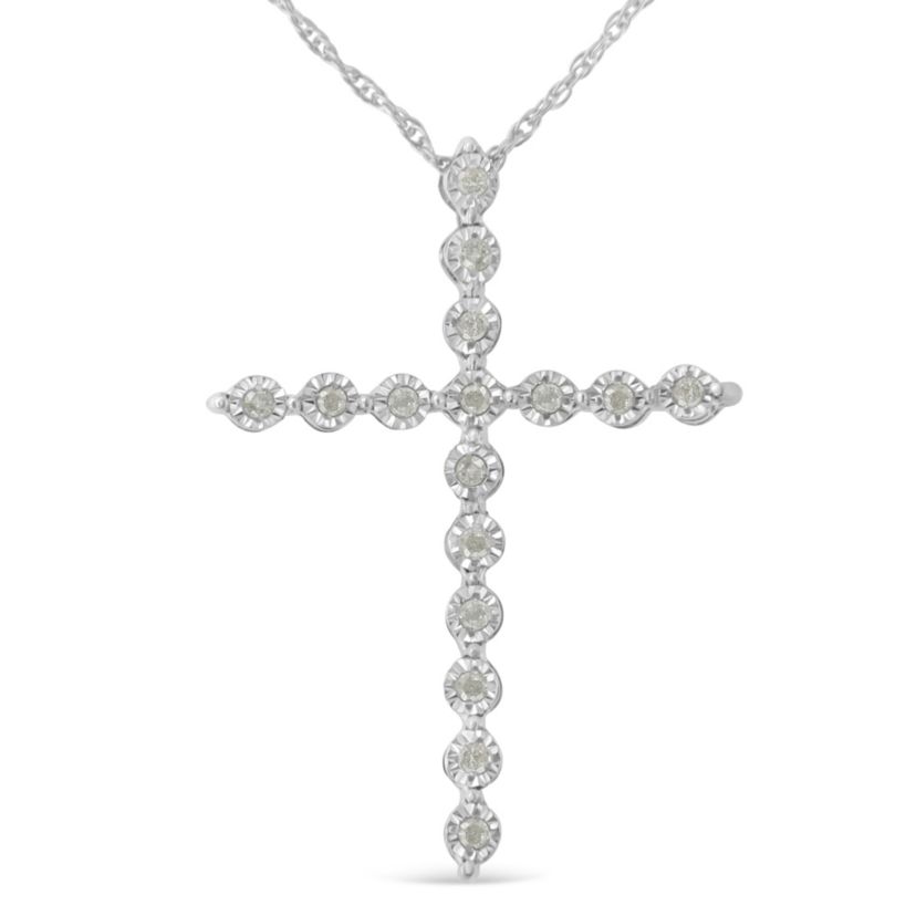 Silver 1/6 Cttw Diamond Miracle-Set Shared Prong Cross 18" Pendant Necklace