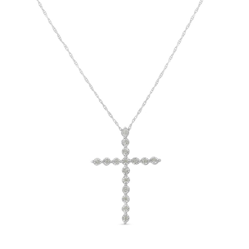 Silver 1/6 Cttw Diamond Miracle-Set Shared Prong Cross 18" Pendant Necklace
