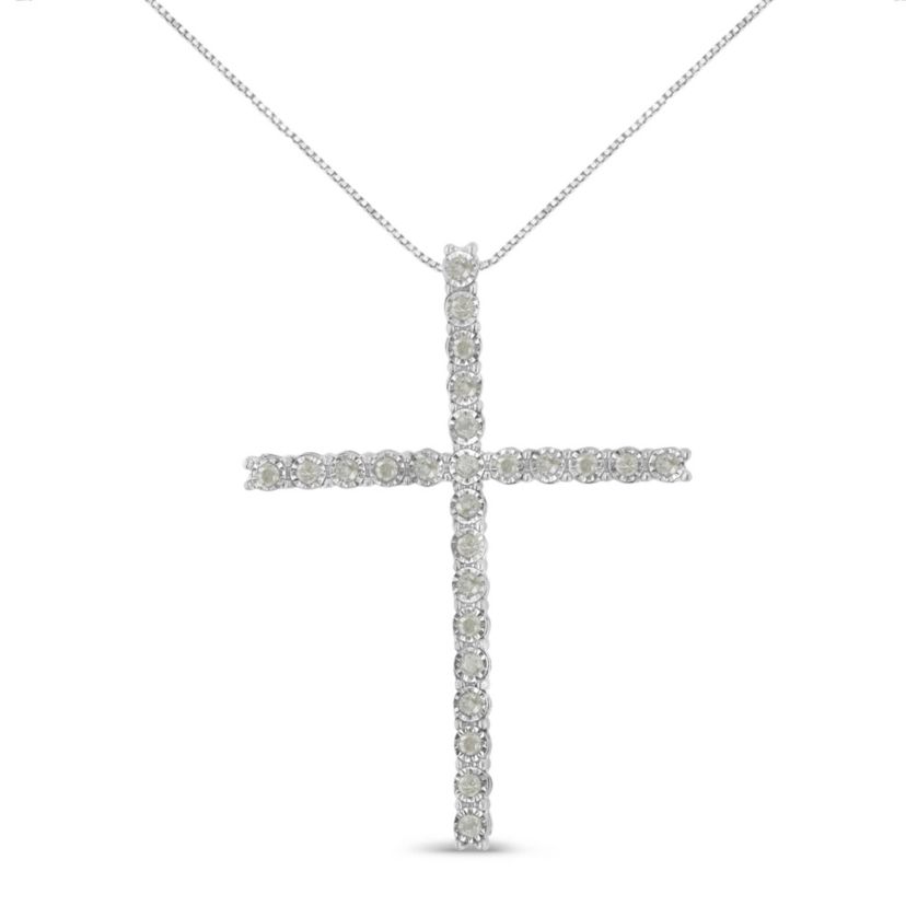 Silver 1/2 Cttw Brilliant Cut Diamond Miracle-Set Cross 18" Unisex Pendant Necklace