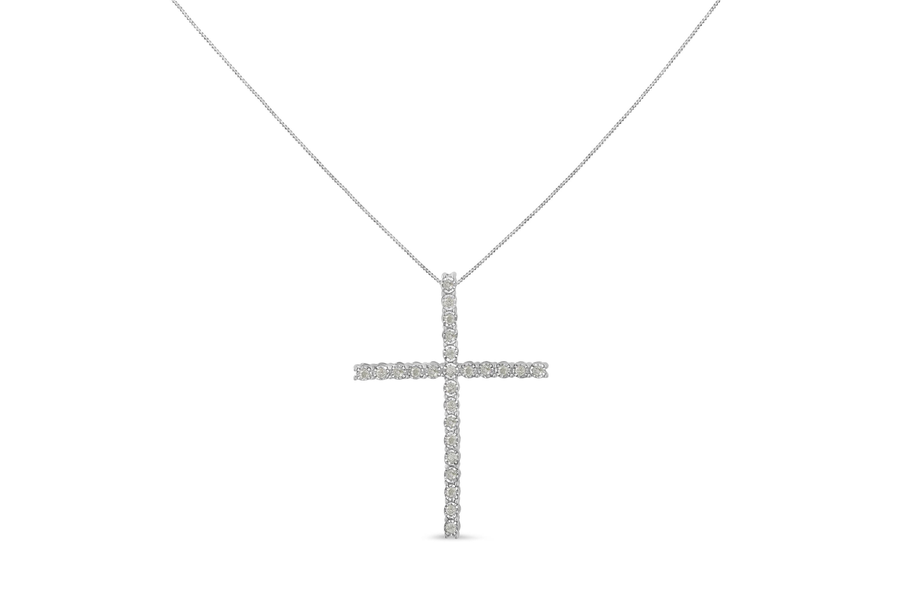 Silver 1/2 Cttw Brilliant Cut Diamond Miracle-Set Cross 18" Unisex Pendant Necklace