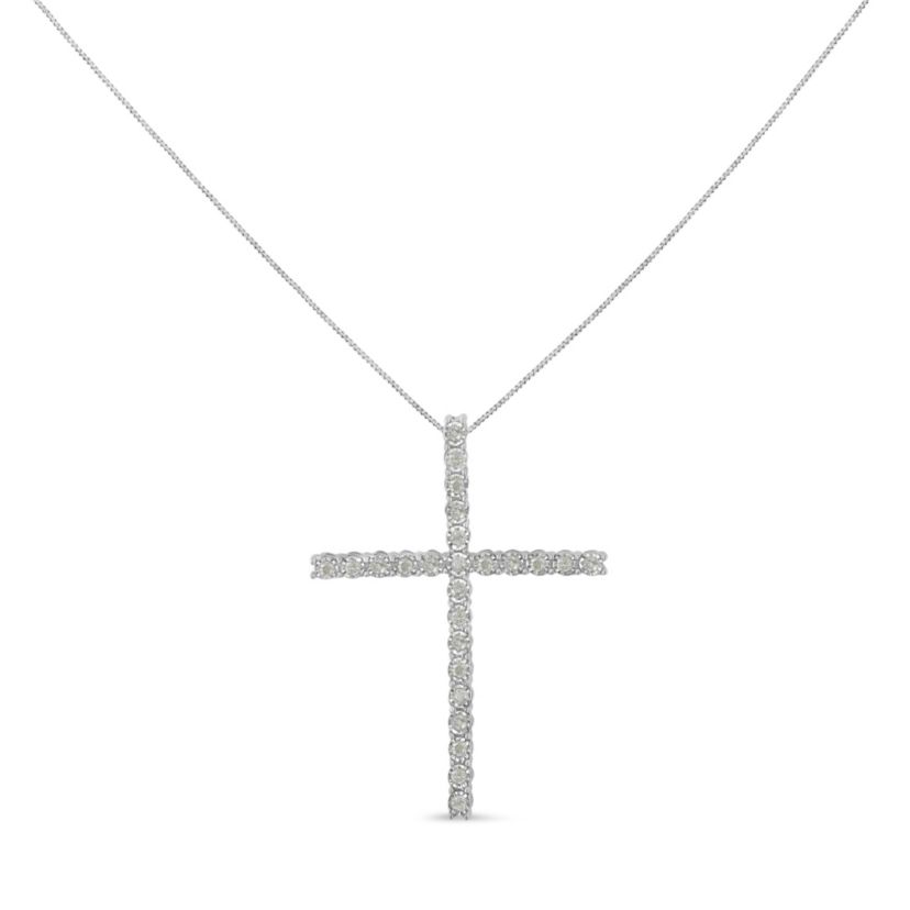 Silver 1/2 Cttw Brilliant Cut Diamond Miracle-Set Cross 18" Unisex Pendant Necklace